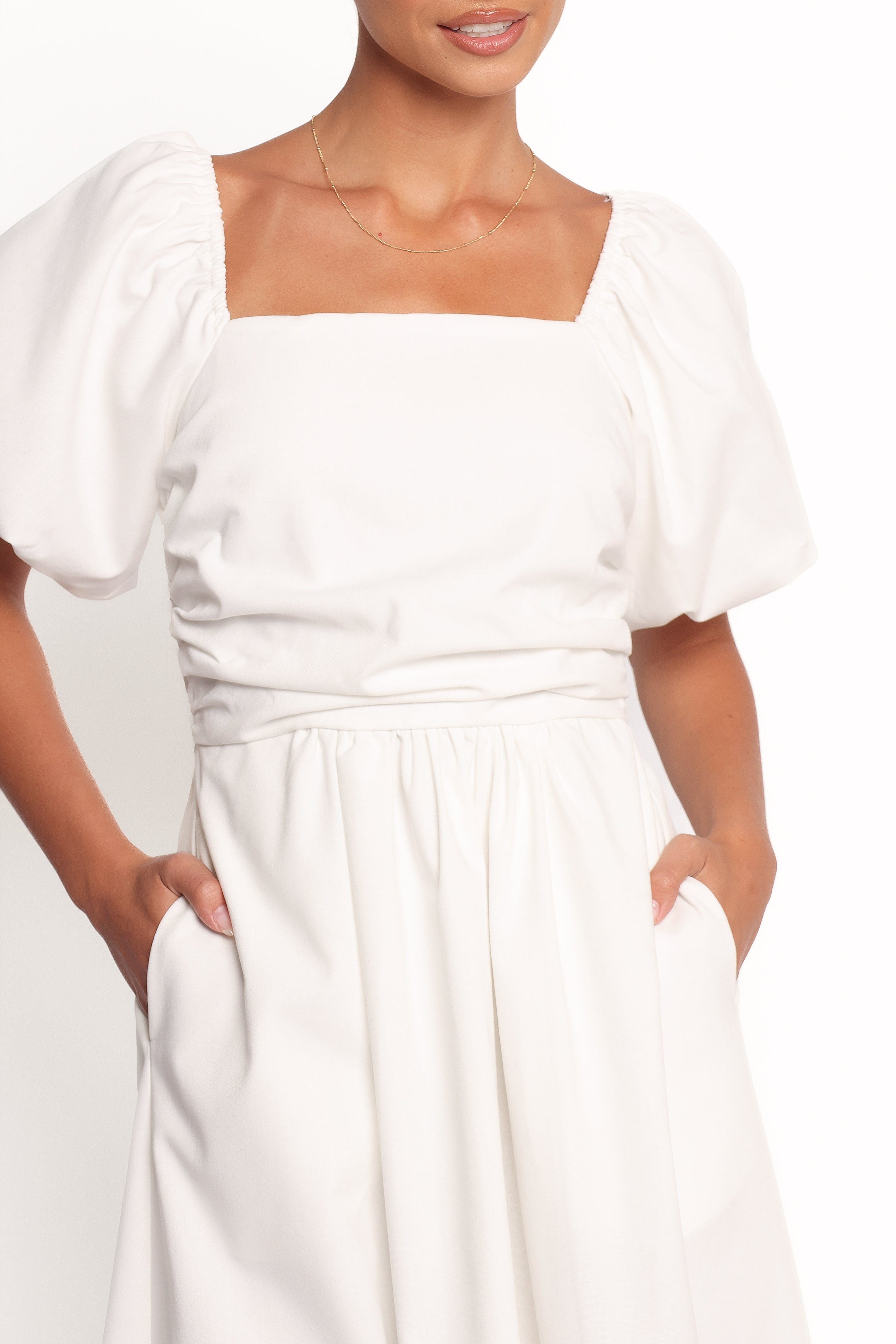 Elegant White Clo Puff Sleeve Midi Dress for Women - Perfect for Weddings, Parties & Special Occasions