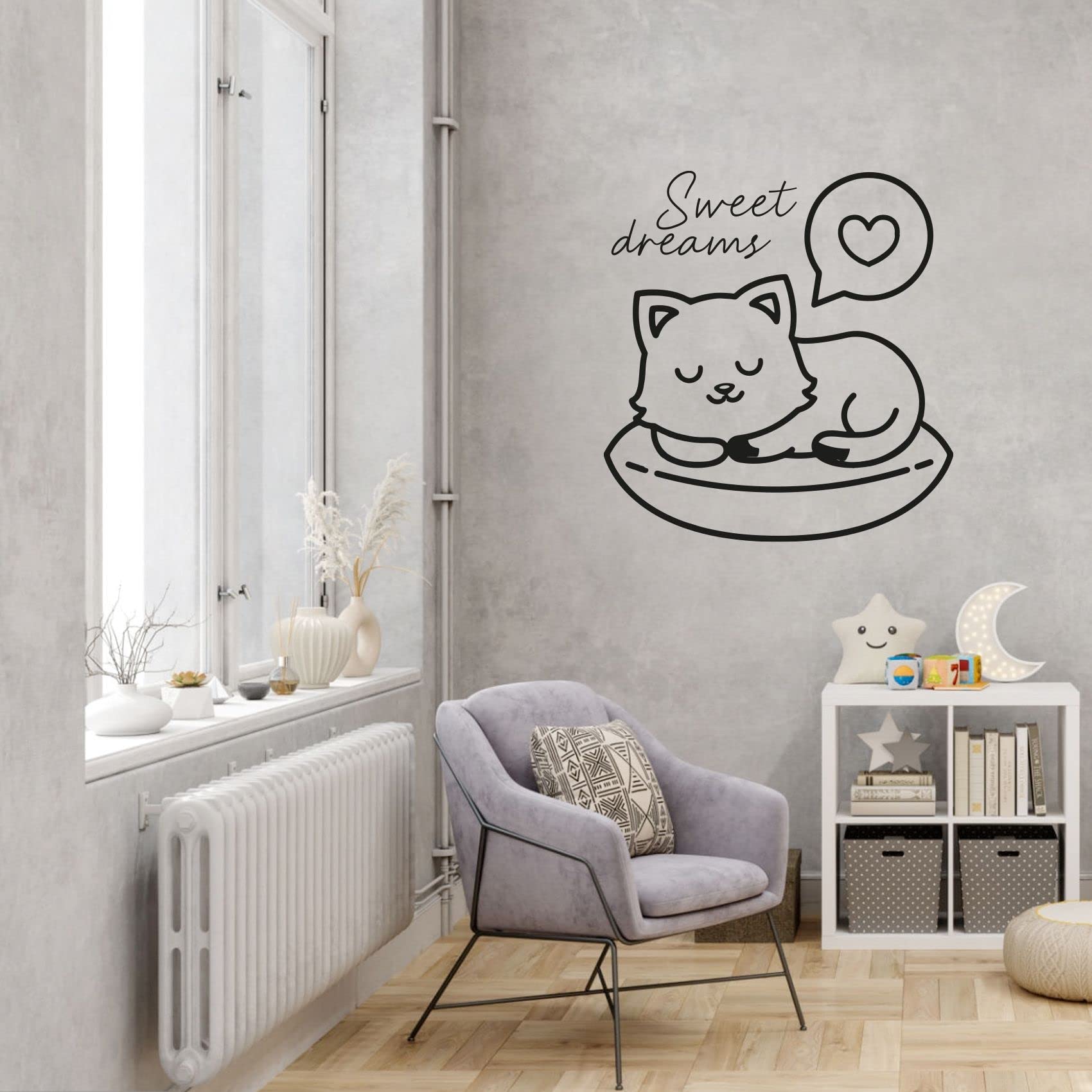 Sweet Dreams Good Night Quotes - Cute Kitten Sleeping Silhouette Vinyl Wall Sticker (30x22 inch) for Nursery, Kids Room & Bedroom Decor - Perfect for Baby Shower Gifts & Children's Bedtime Theme
