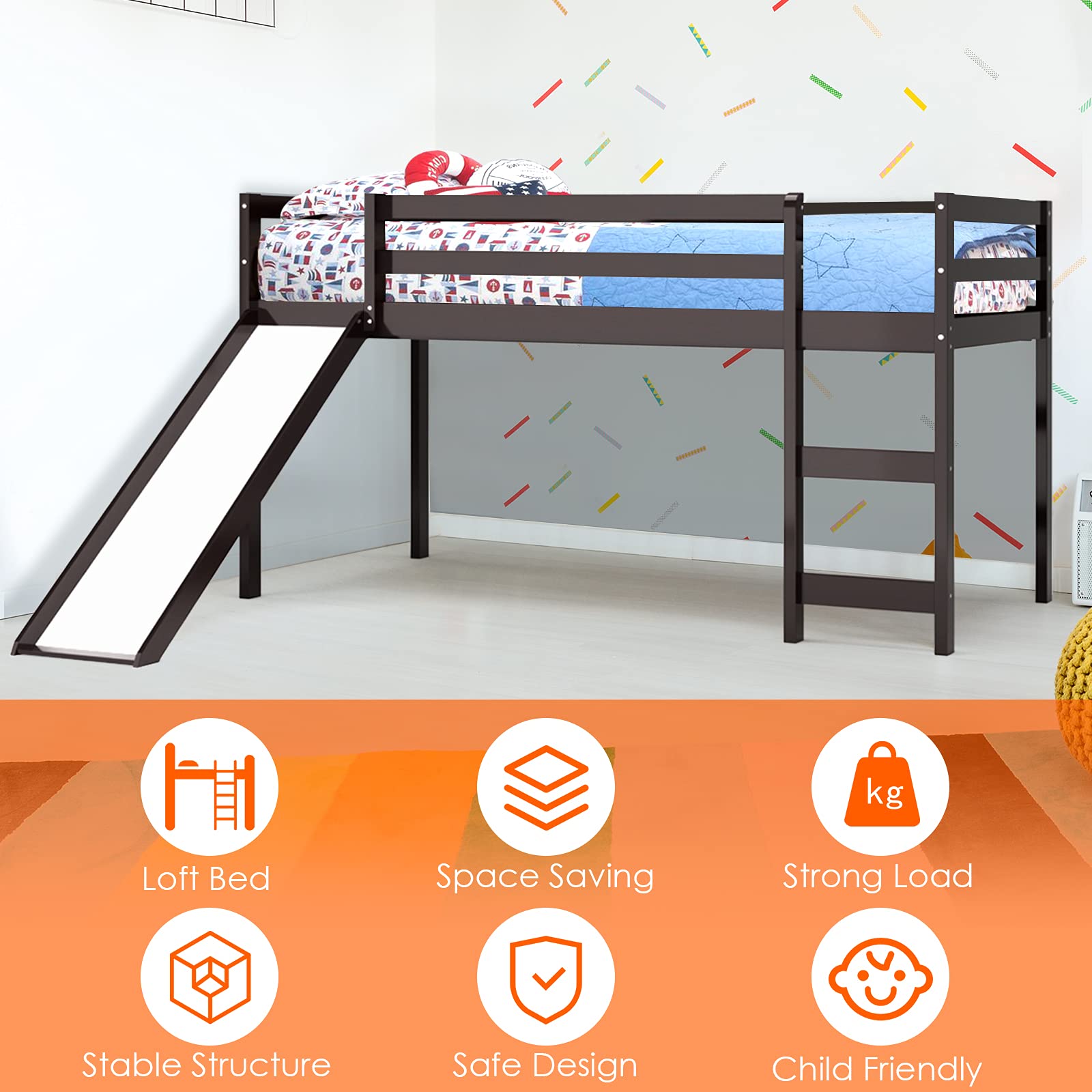 KOTEK Twin Loft Bed with Slide - Wooden Low Loft Bed for Kids with Ladder, Safety Guard Rail & Slats - Espresso Finish - Perfect for Small Bedrooms, Playrooms & Kids' Sleepovers