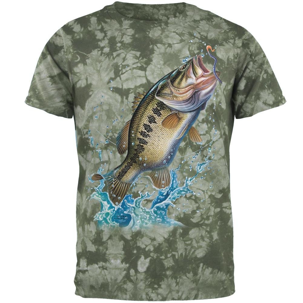 Bass Leaping in Action Men's T-Shirt - Crackle Moss Tie Dye Graphic Tee - 2XL Size - Comfortable Casual Wear for Fishing, Outdoor Activities & Street Style