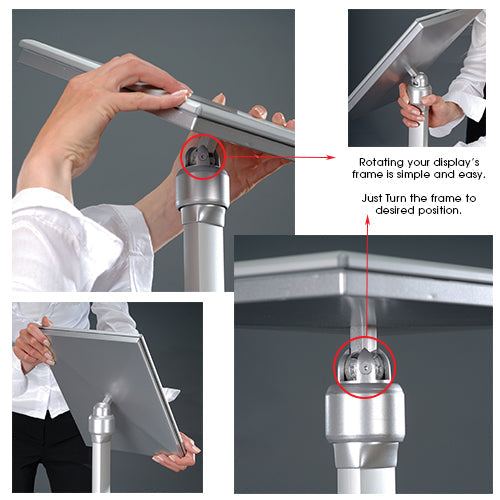 Adjustable Pedestal Floor Stand with Rotating & Tilting Sign Frame - Holds 11