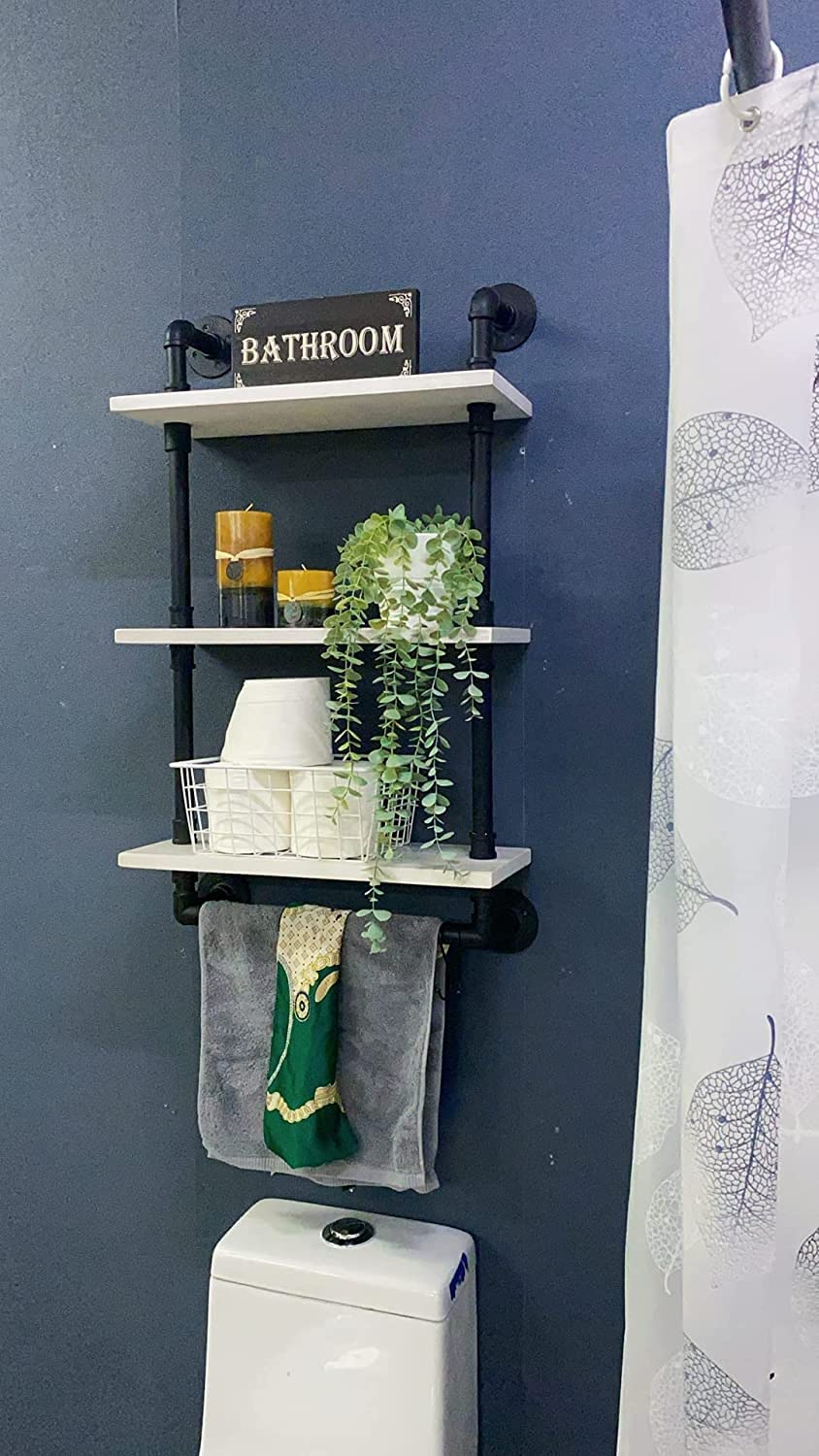 ROGMARS 3-Tier Industrial Pipe Shelving - 24 Inch Rustic Farmhouse Bathroom Wall Shelf with Towel Bar, Retro White - Perfect for Over Toilet Storage, Bathroom Organization & Farmhouse Decor
