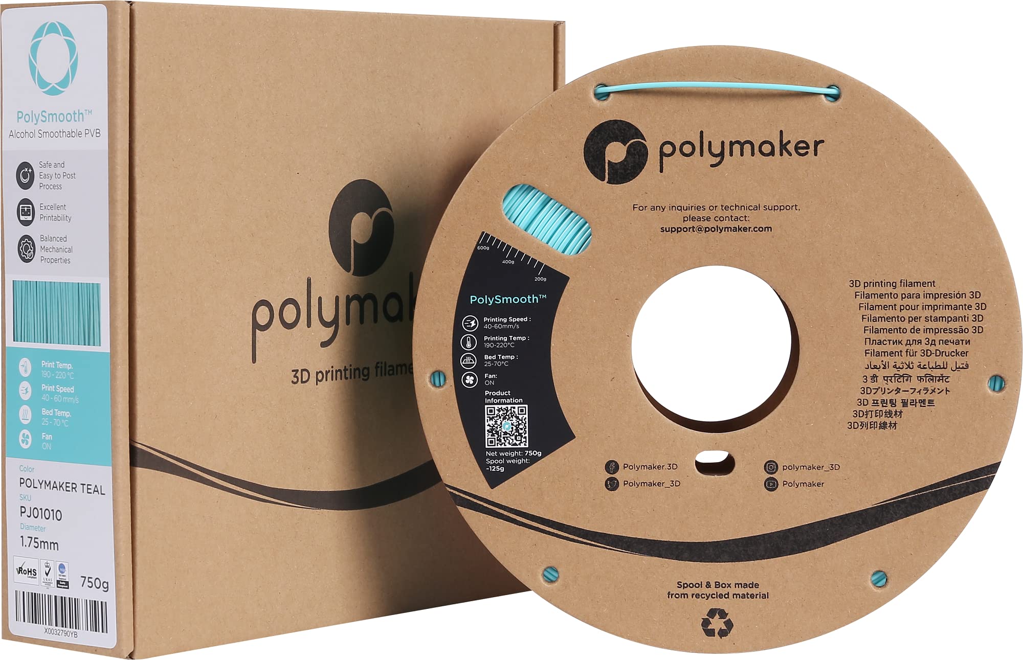 Polymaker PolySmooth PVB 3D Printer Filament 1.75mm Teal - 750g Cardboard Spool | Easy Printing Like PLA & Smoothing with IPA Alcohol | Compatible with Polysher | Perfect for Cosplay Props, Miniatures & Prototyping