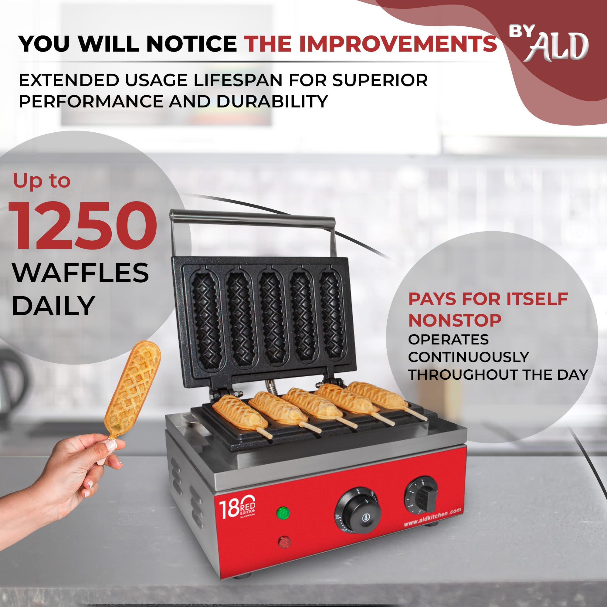 ALDKitchen Commercial Waffle Dog Maker - Stainless Steel Corn Dog Machine with Red Panel - 110V for 5 Waffles on a Stick - Perfect for Food Trucks, Fairs & Home Breakfast
