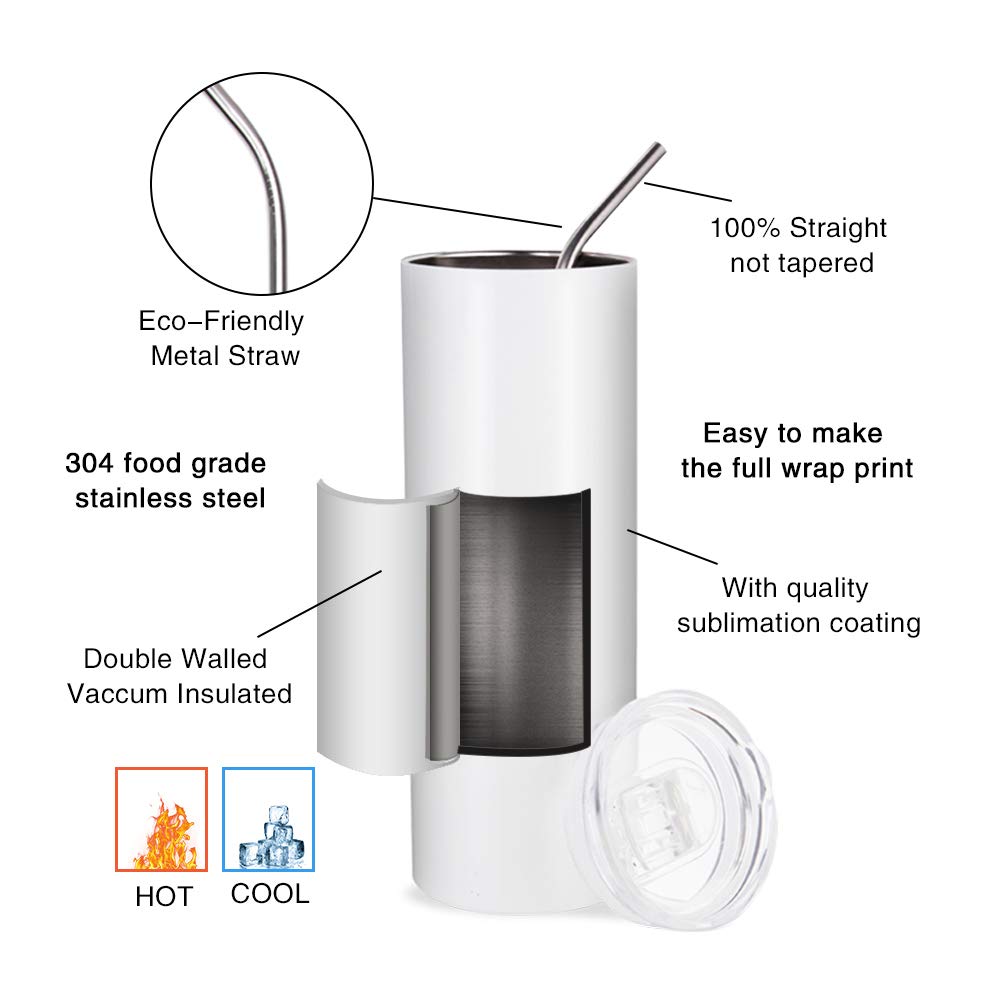 PYD Life 10 Pack 20oz Sublimation Tumblers Bulk - Skinny White Stainless Steel Tumbler Cups with Straw & Lid for Heat Press & Sublimation Oven Printing - Perfect for DIY Crafts, Custom Gifts, and Personalized Drinkware