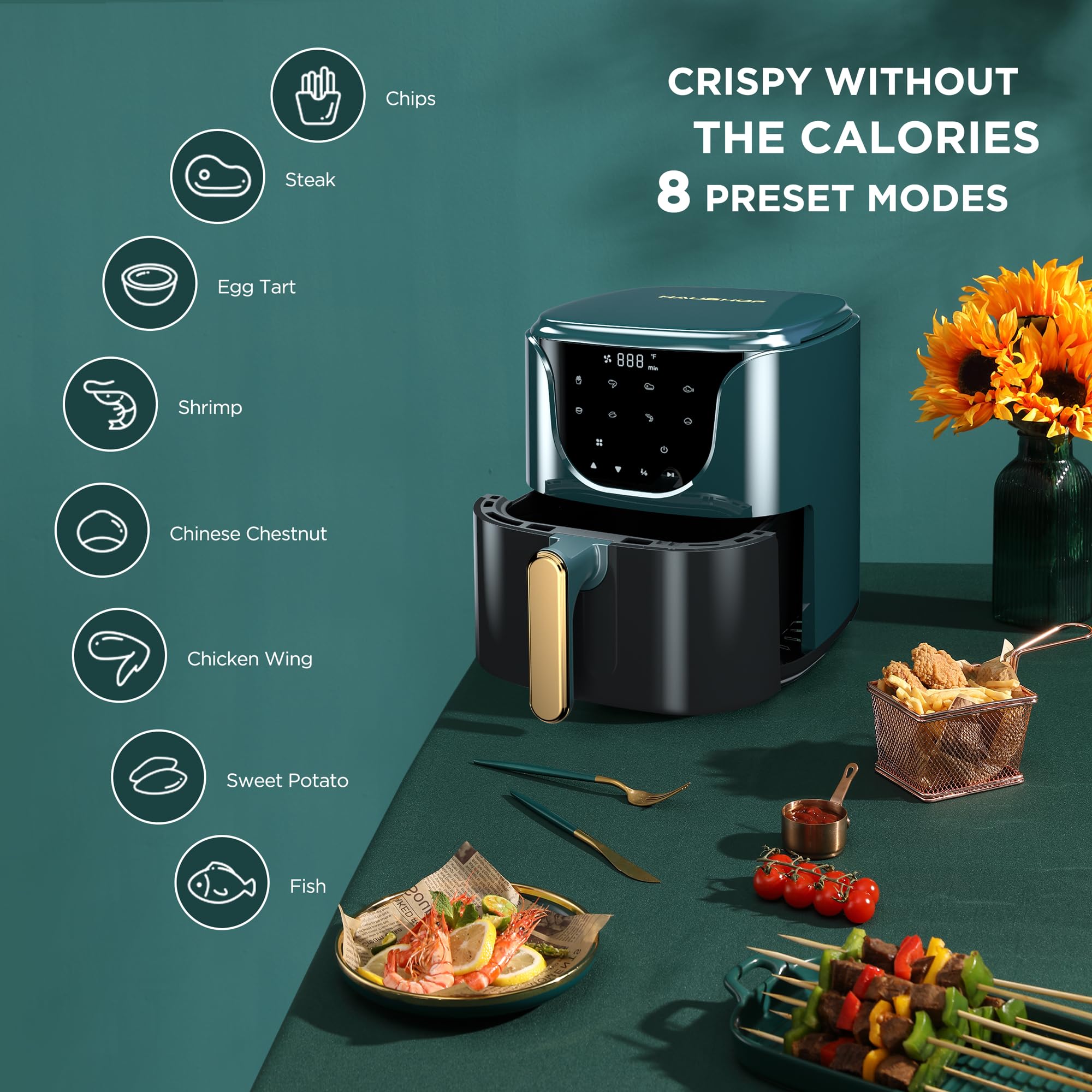 5.8 QT Digital Air Fryer Oven - 1450W Oil-Free Cooker with 8 Presets, Timer & Temp Control, Nonstick Basket - Perfect for Healthy Frying, Baking & Roasting - Compact Green Countertop Appliance for Small Kitchens & Dorms