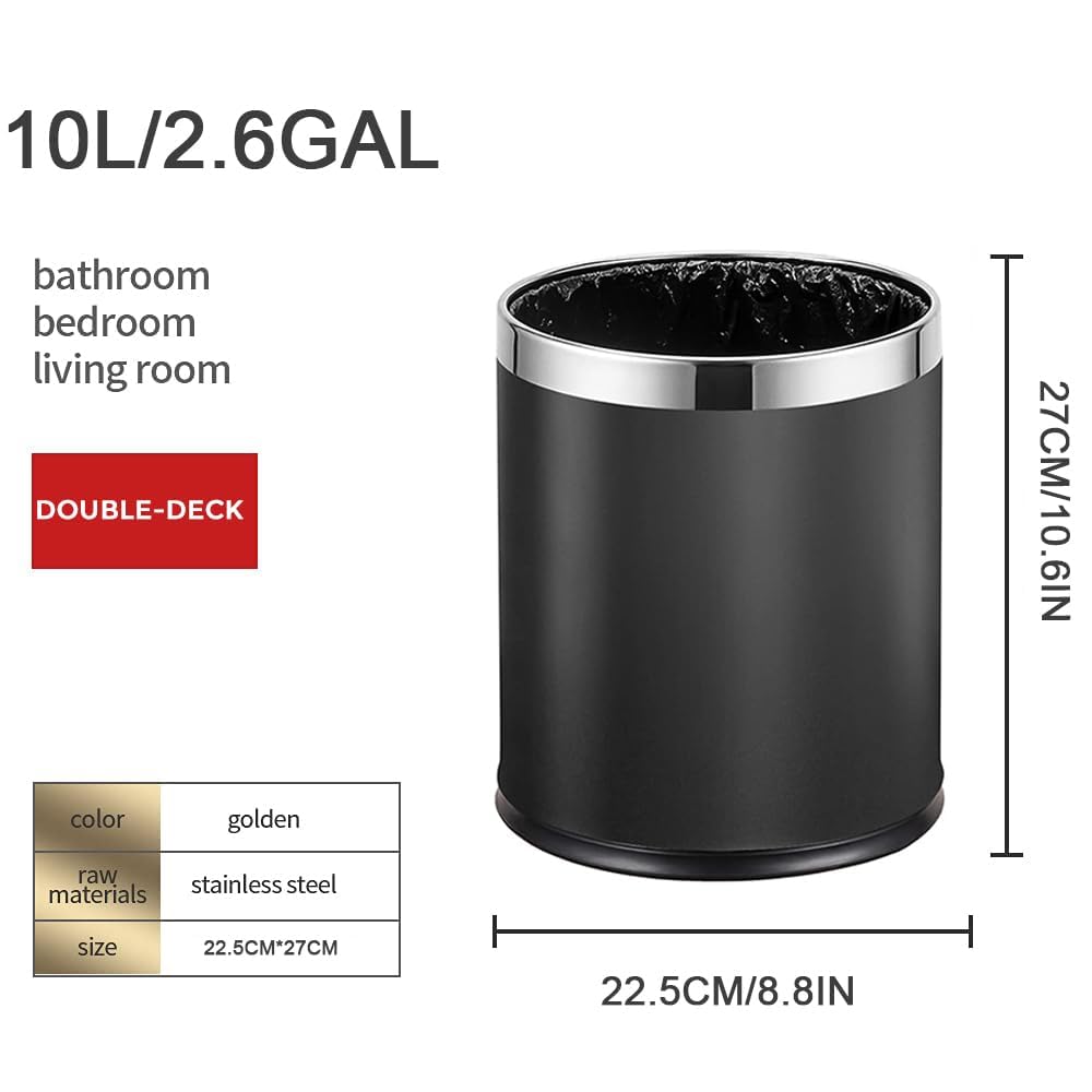 Open Top Metal Trash Can - Black Round Waste Basket for Hotel, Restaurant & Office Use - Durable Garbage Bin for Commercial Spaces, Reception Areas & Housekeeping