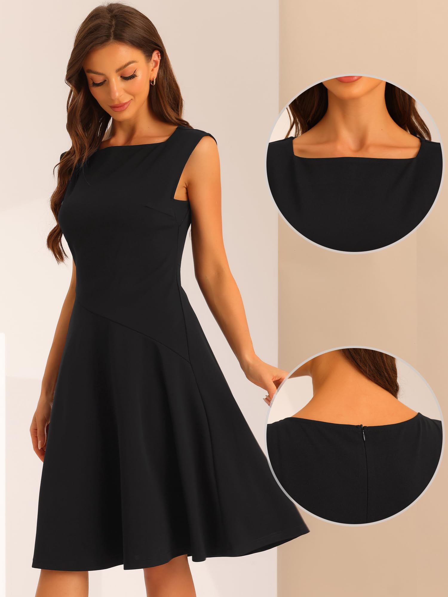 Allegra K Women's Square Neck Sleeveless A-Line Dress - Elegant Office & Teacher Dress for Work, Parties & Special Occasions