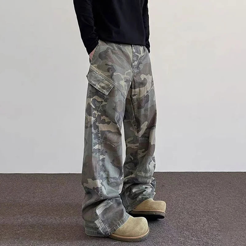 Men's American Style Cargo Pants - Camouflage Print, Wide Leg, Loose Fit Streetwear Trousers for Casual Wear | Perfect for Spring Outfits, Urban Fashion & Outdoor Activities
