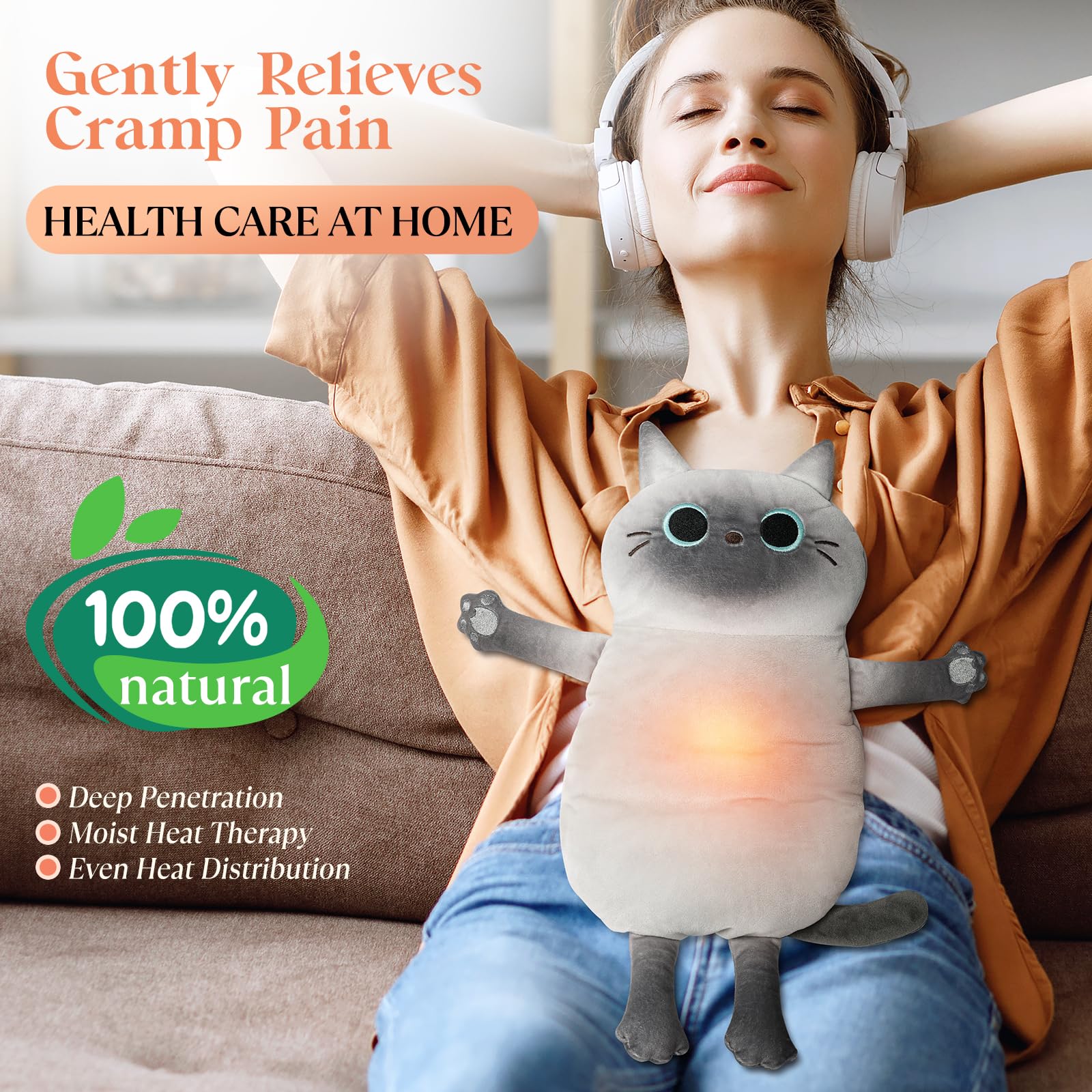 Microwavable Heating Pad for Pain Relief - 17x9 Inch Moist Heat Therapy Pad for Neck, Shoulder, Back Pain & Muscle Cramps - Reusable Hot Pack with Rice & Beans - Perfect for Home, Office & Travel Use - Small Grey Cat Design
