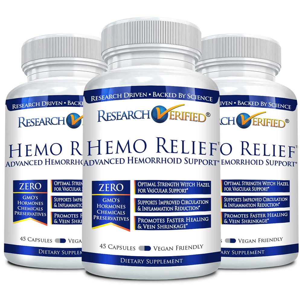 Research Verified Hemo Relief - Natural Hemorrhoid Support with Horse Chestnut, Witch Hazel & Rutin - Dual-Action Formula - 3 Bottles (90 Capsules) - Made in USA - Supports Comfort During Sitting, Travel & Postpartum Recovery