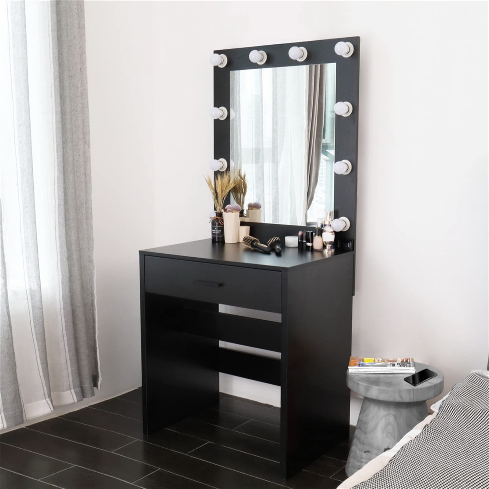 Black Vanity Table with Round Mirror & Warm Light - Makeup Dressing Desk with Large Drawers for Bedroom | Perfect for Makeup Application, Skincare Routine & Home Decor