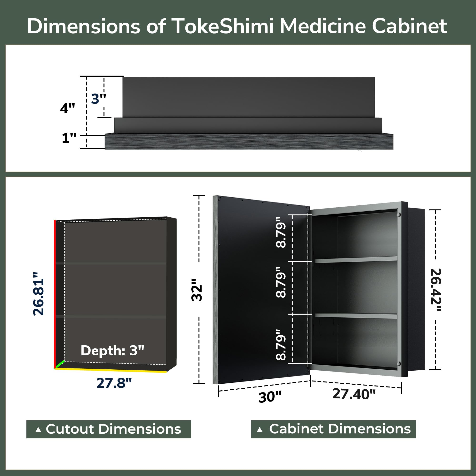 TokeShimi 30x32 Recessed Medicine Cabinet with Mirror - Wall Mounted Bathroom Storage Cabinet, Aluminum Alloy Black Beveled Mirror for Vanity | Perfect for Small Bathrooms, Powder Rooms & Modern Home Décor