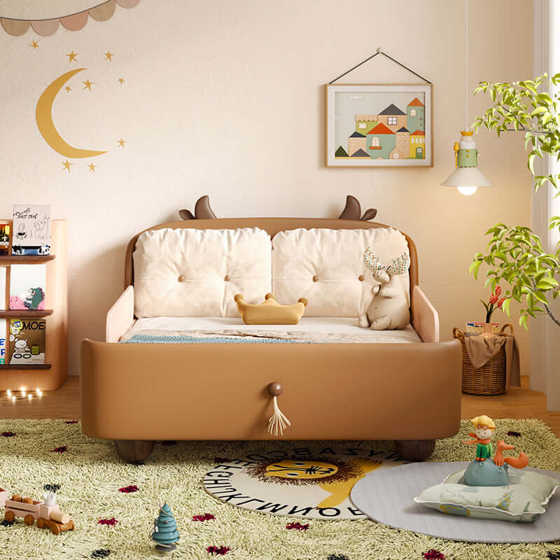 Wooden Cow Design Kids Bed with Safety Rail & Soft Headrest - Perfect for Nursery, Toddler Room & Safe Sleep