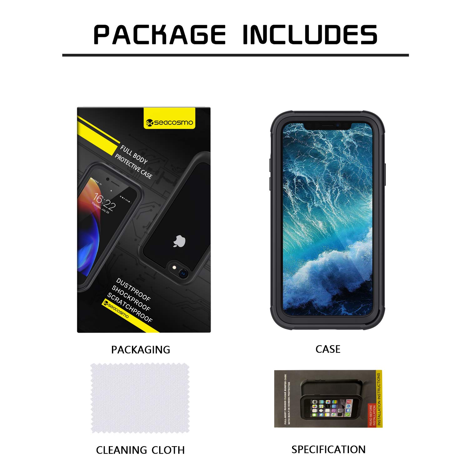 Seacosmo Shockproof iPhone 11 Pro Max Case with Built-in Screen Protector | Slim Fit Full Body Protective Cover | Black/Clear | Perfect for Outdoor Activities & Daily Protection