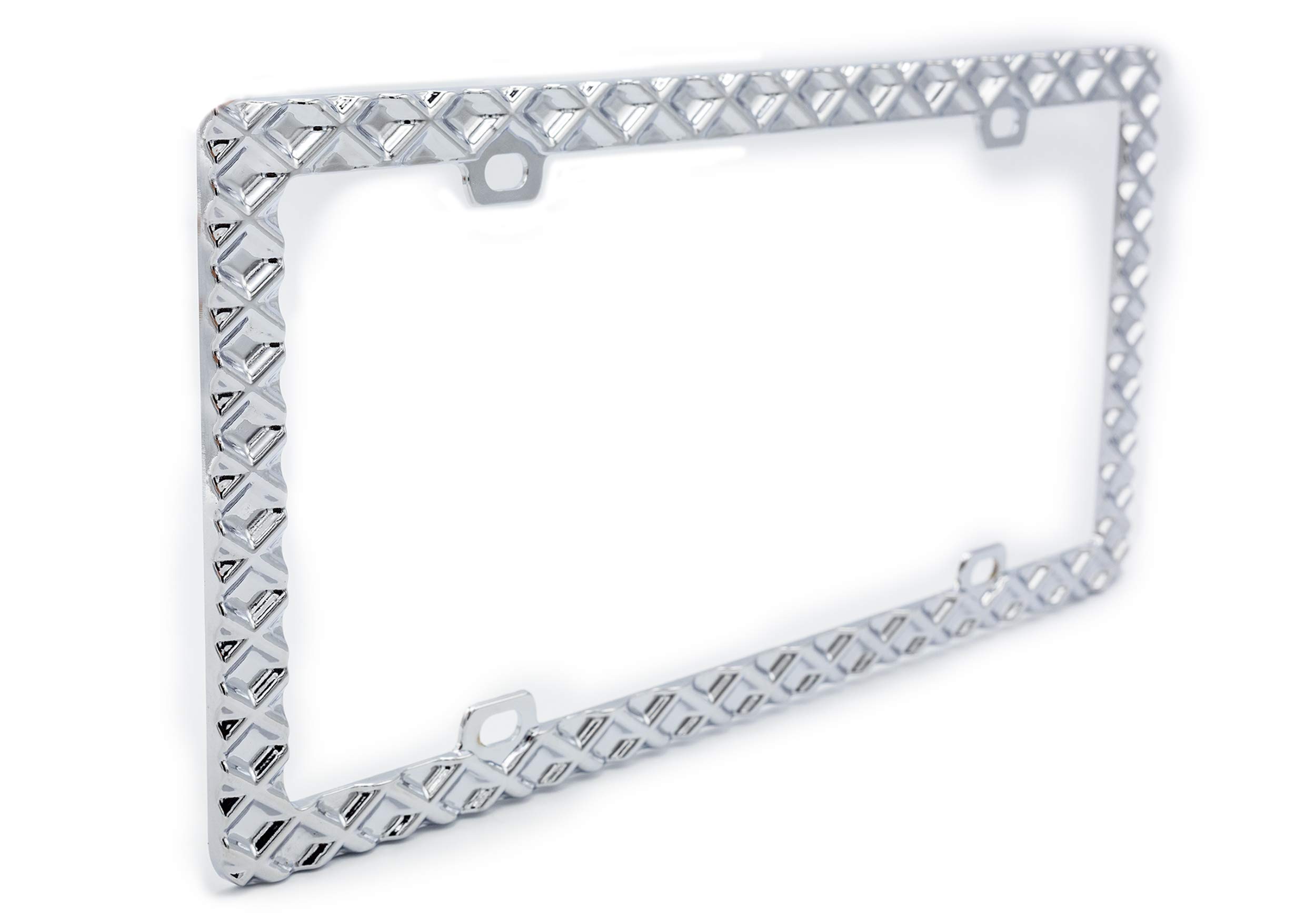 Creathome 3D Waffle Pattern Chrome License Plate Frame - Premium Zinc Alloy Metal Car Plate Holder for Vehicles & Trucks - Durable & Stylish Auto Accessory for Road Trips & Car Shows