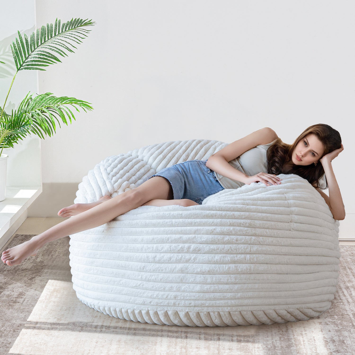 MAXYOYO Giant Bean Bag Chair Bed - Striped Faux Fur Convertible Sofa Bed for Adults & Kids, Beige - Perfect for Living Room, Bedroom, Dorm & Game Room Relaxation