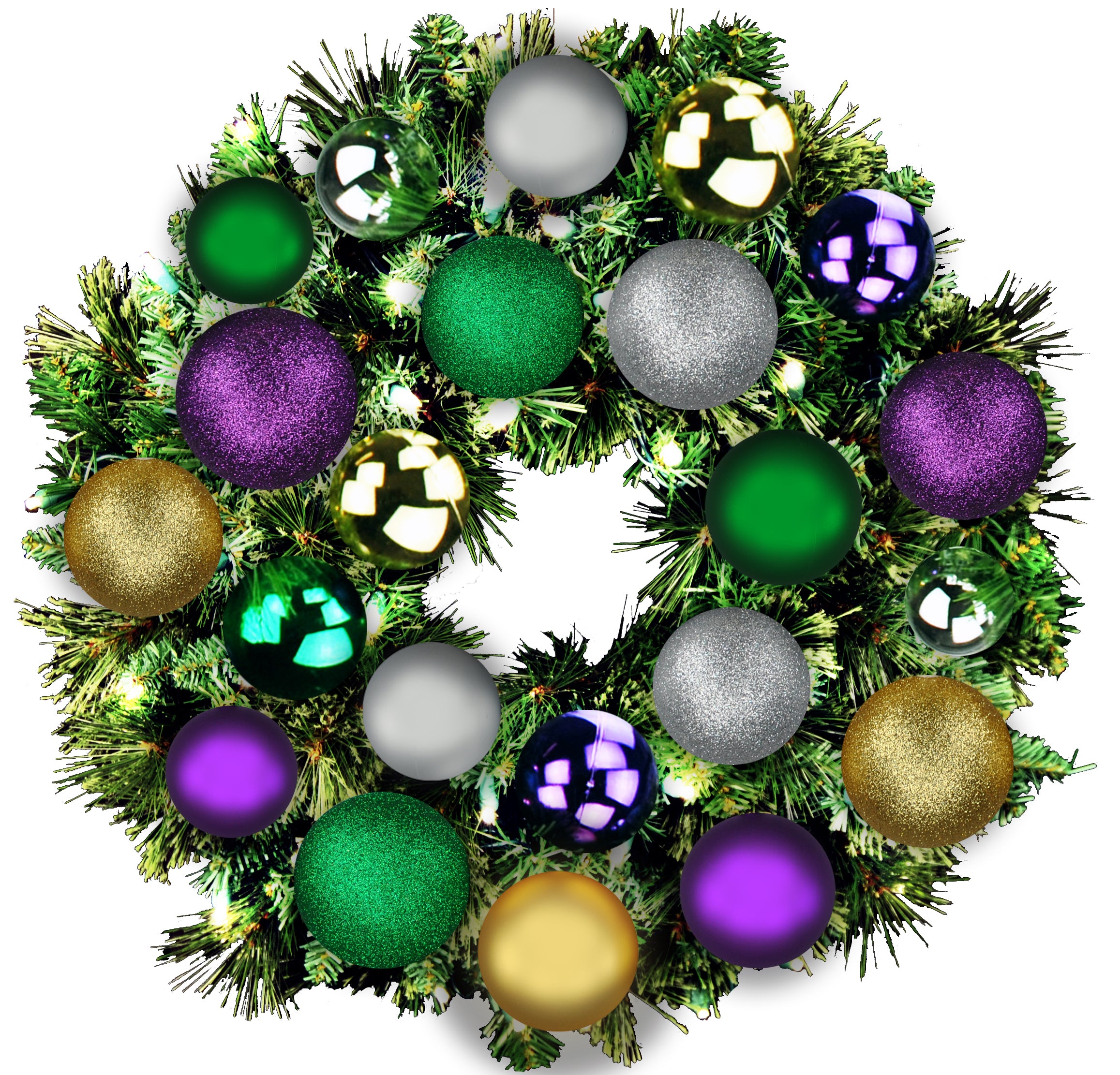 2' Mixed Blend Pine Wreath with Warm White LED Lights & Mardi Gras Ornaments - Perfect for Christmas, Mardi Gras Decor & Festive Home Party Decorations