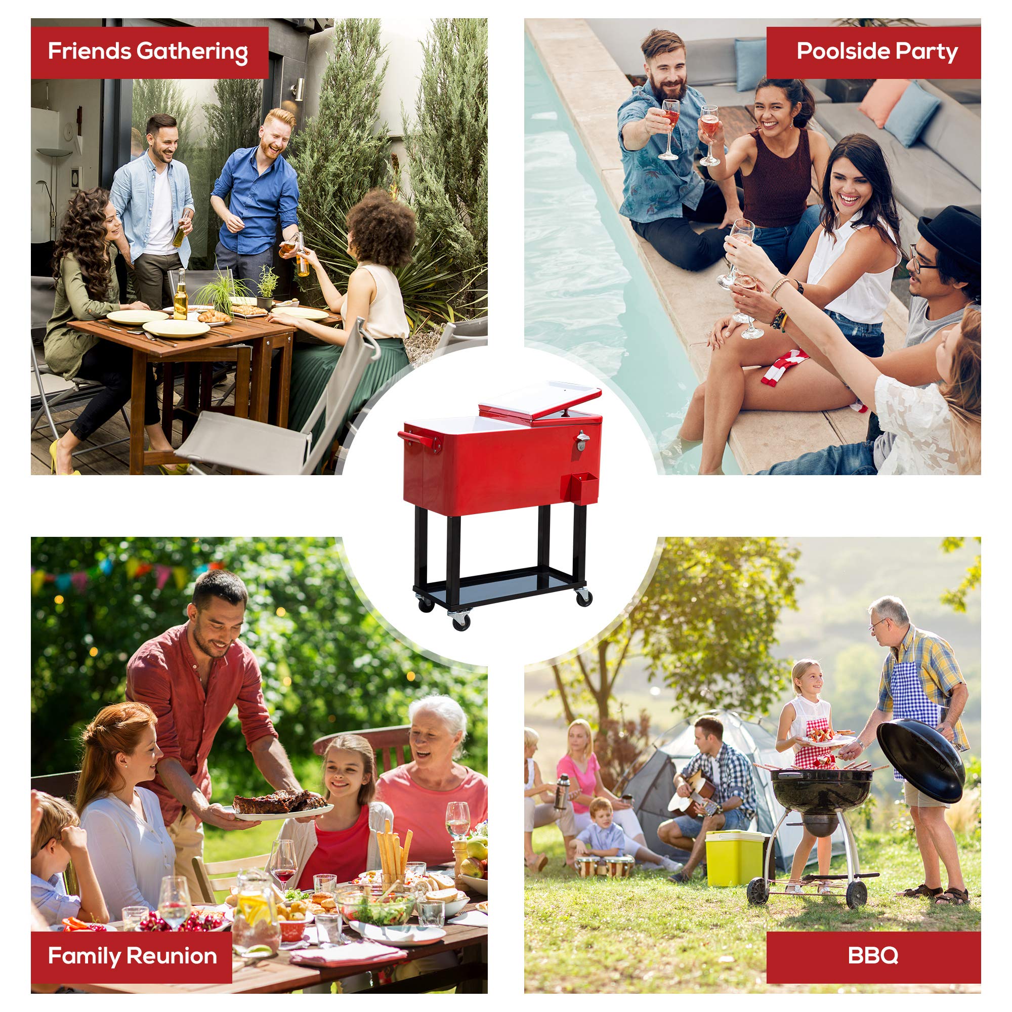 Outsunny 80 QT Rolling Cooler with Wheels - Portable Ice Chest for Outdoor Parties, Camping, Beach & Tailgating - Stand-Up Drink Cooler Cart (Red)