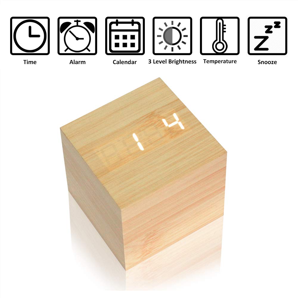 Smart Digital Alarm Clock with LED Display - Wooden Cube Design, Shows Time, Date & Temperature - Perfect for Kids, Bedroom, Home, Dorm & Travel - Ideal for Nightstands, Desks & Gift Giving (AC10 Yellow/White)