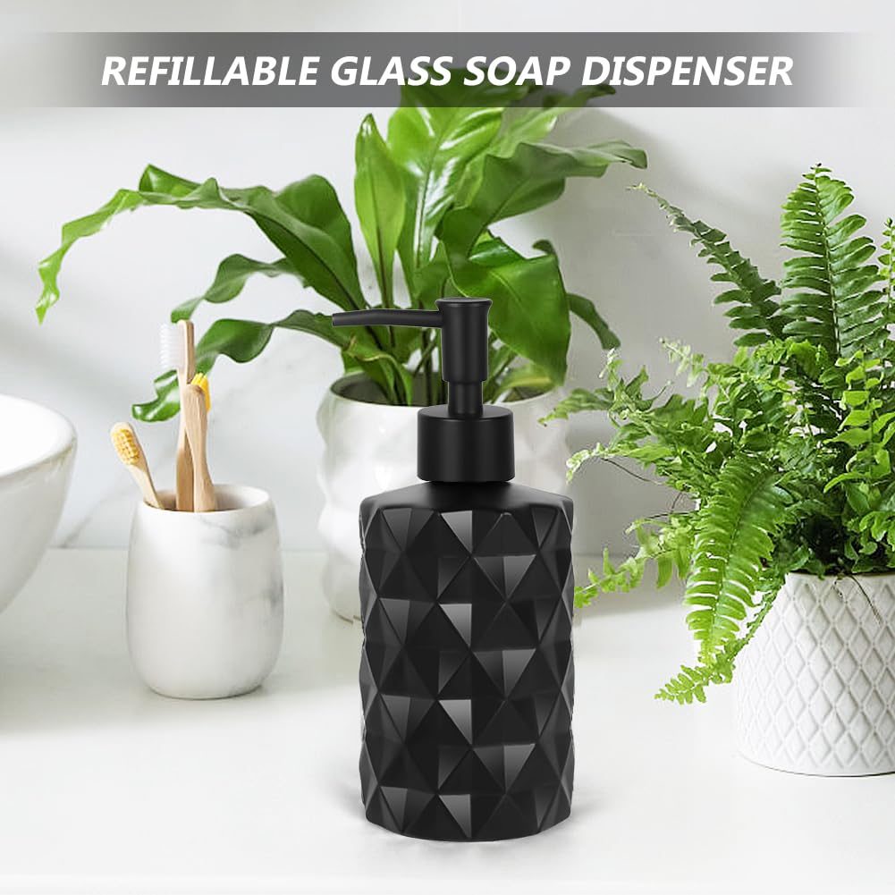 12 Oz Matte Black Glass Soap Dispenser with Stainless Steel Pump & Funnel - Refillable Bathroom & Kitchen Liquid Dispenser for Hand Soap, Lotion, Shampoo | Modern Home & Spa Decor Accessory
