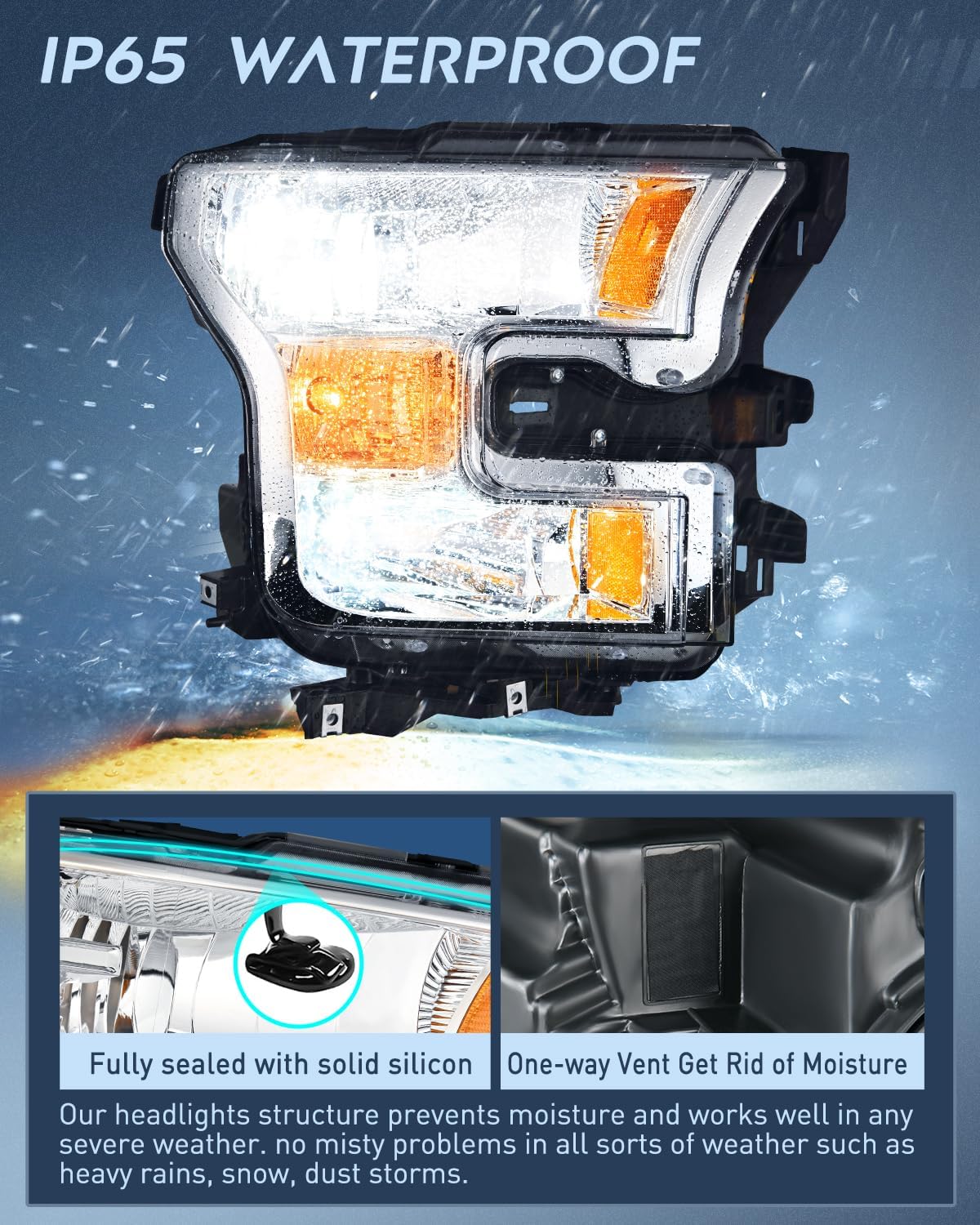 2015-2017 Ford F150 Headlight Assembly - Chrome Housing with Amber Reflector & Clear Lens Upgrade | Replacement for Foggy/ Broken Lights | Perfect for Night Driving & Off-Road Adventures