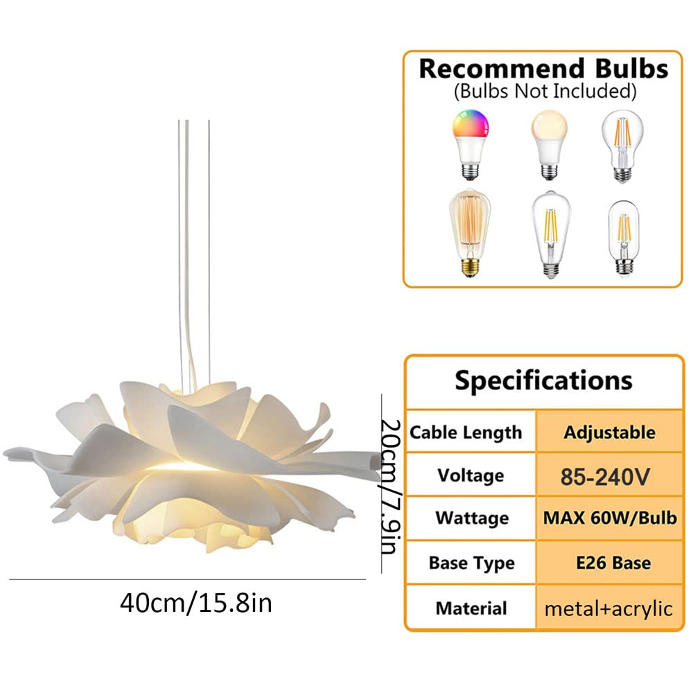 15.8 Inch Modern Floral Chandelier - 1-Light Acrylic Pendant Lighting Fixture with White Flower Shades for Kitchen Island, Dining Room, Bar, Cafe & Restaurant Decor