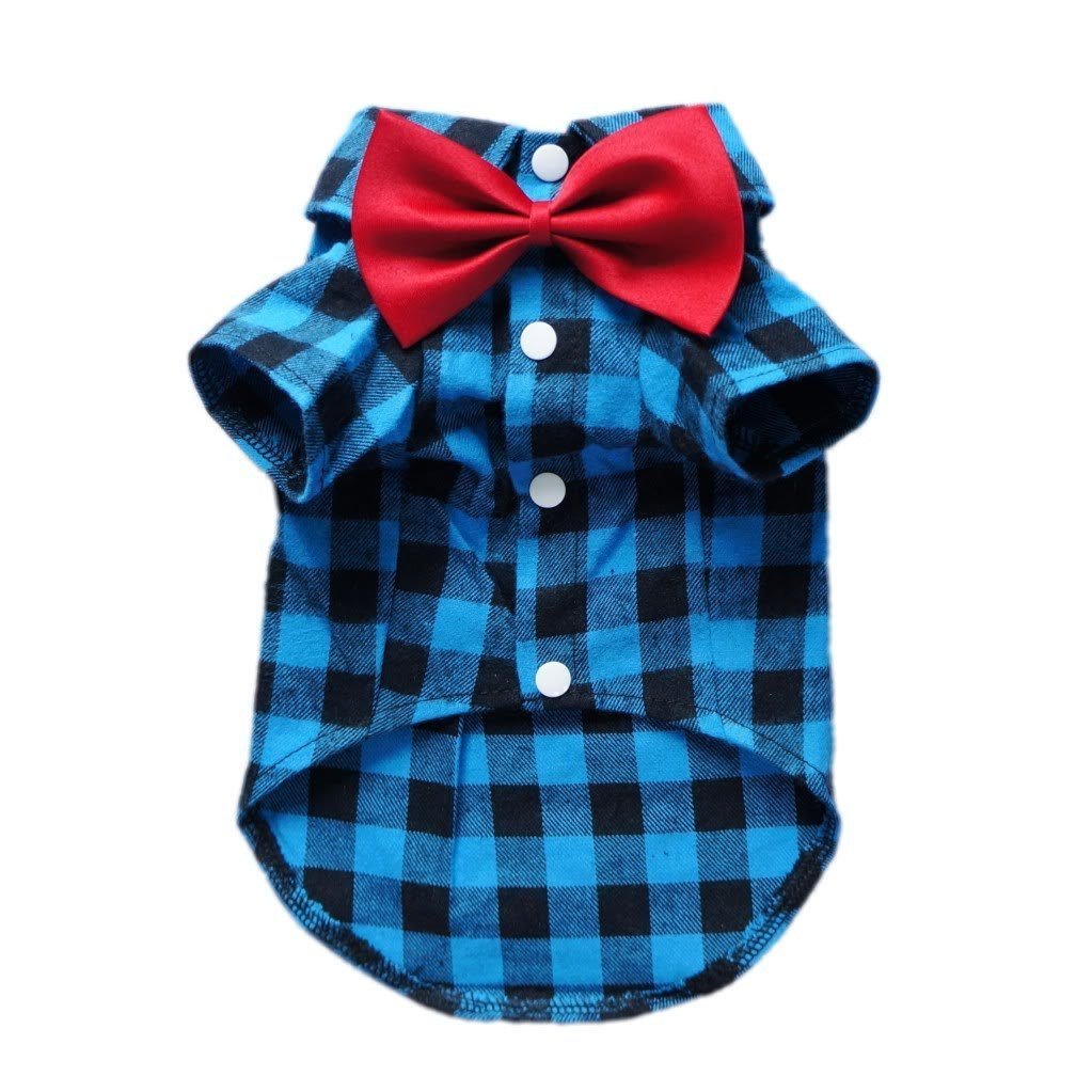 HOODDEAL Soft Casual Plaid Dog Shirt - Blue & Black Western Style Cotton Dog Clothes with Matching Bow Tie for Small Dogs | Perfect for Weddings, Photos & Outdoor Adventures