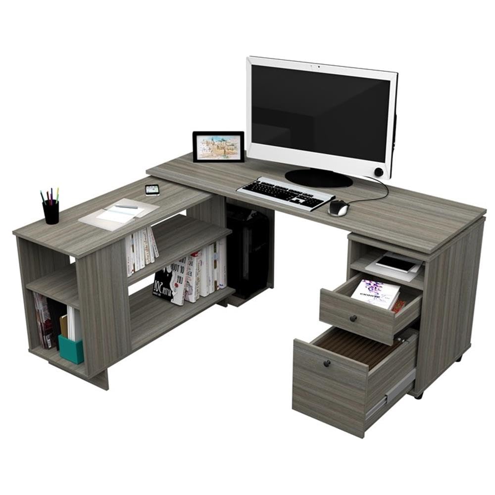 Inval America L-Shaped Reversible Computer Desk - Engineered Wood Home Office Desk in Gray | Space-Saving Corner Desk for Small Office, Gaming & Study Room