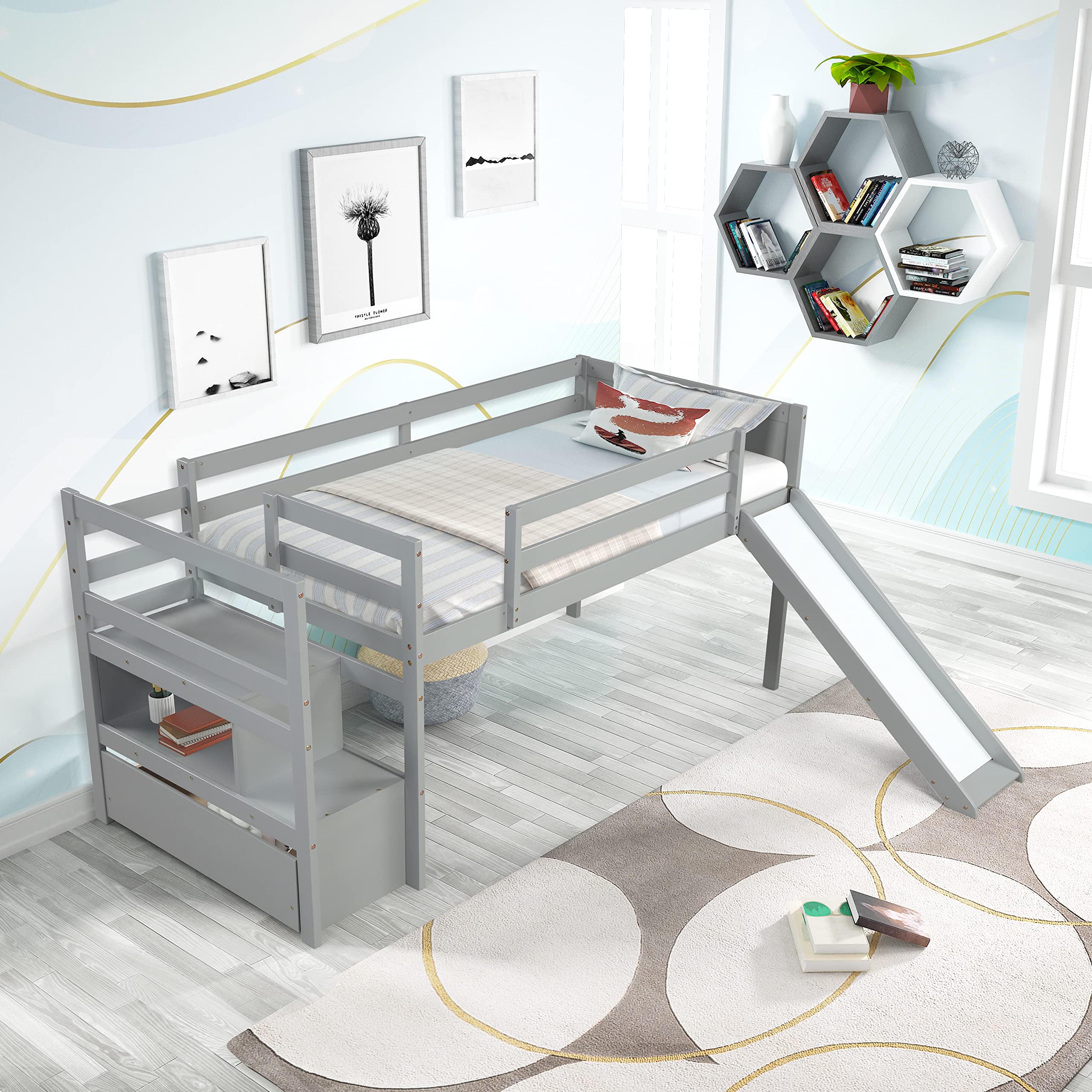 Harper & Bright Designs Low Loft Bed with Slide & Drawers - Twin Size Wood Loft Bed Frame with Storage Shelf, Stairs & Safety Rail - Kids Bed for Toddlers, Teens - No Box Spring Needed - Grey - Perfect for Small Rooms & Play Areas