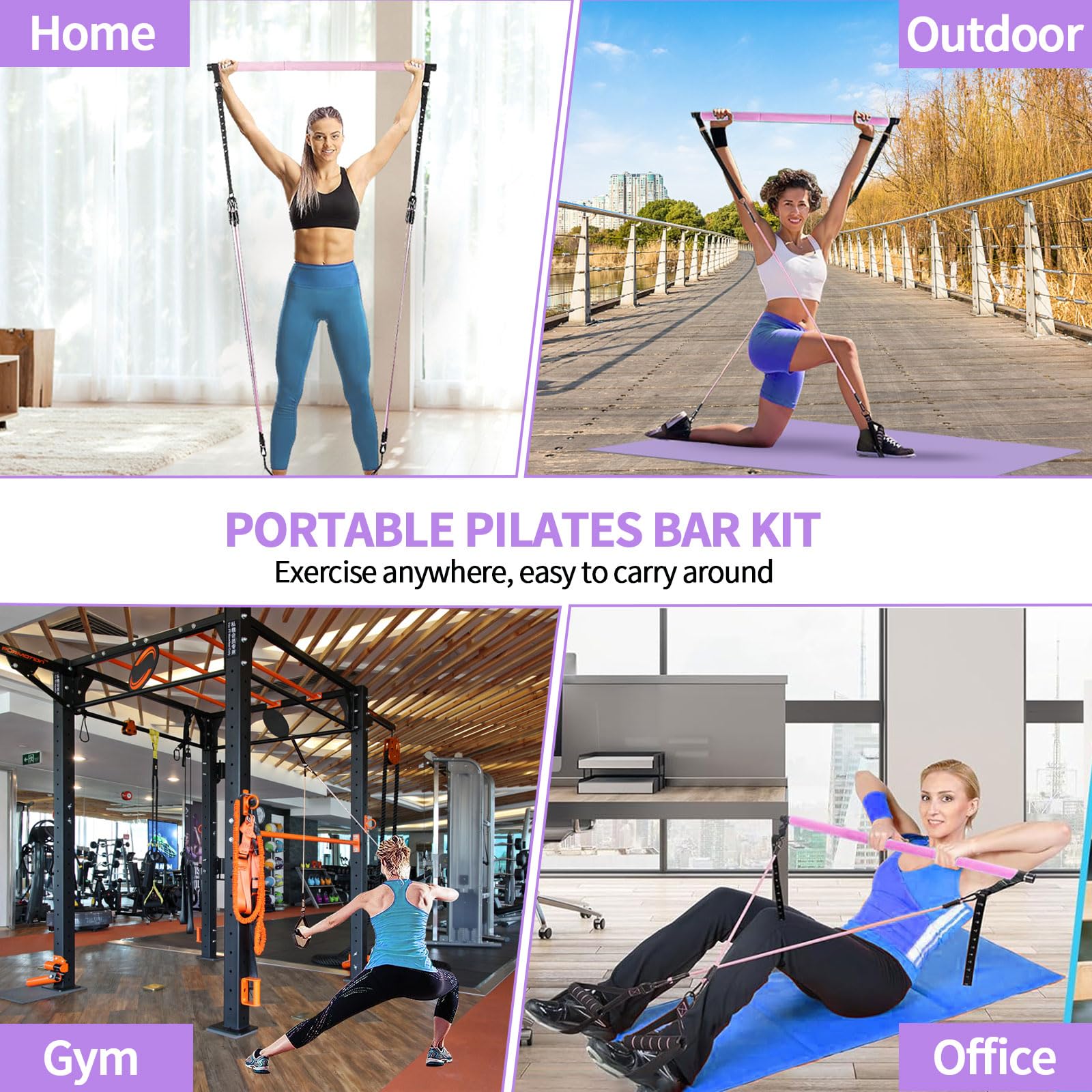 Pilates Bar Kit with 6 Resistance Bands - Yoga Exercise Bar & Ab Roller - Portable Home Gym Equipment for Women & Men - Leg, Hip, Waist & Arm Workout - Perfect for Home Fitness, Yoga Studio & Travel Workouts