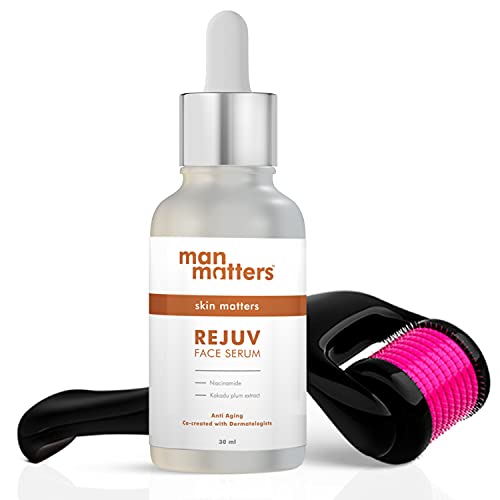 REJUV 10% Niacinamide Face Serum 30ml with Derma Roller for Men - 10% Niacinamide & 2% Kakadu Plum (Pure Vitamin C) - Reduces Acne, Scars & Dark Spots - Anti-Aging Skincare for Clear, Glowing Skin - Perfect for Daily Face Care Routine & Post-Shave Treatment