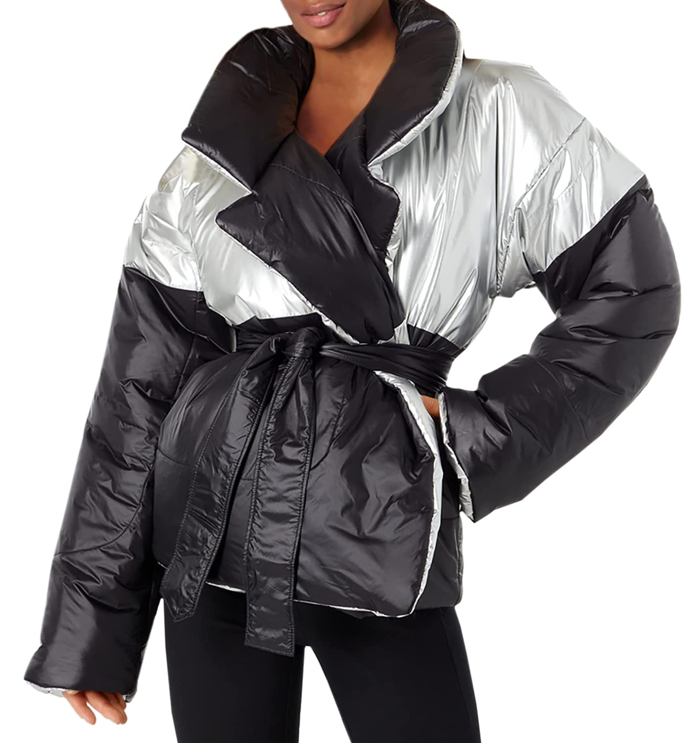 Norma Kamali Women's Reversible Spliced Sleeping Bag Coat - Short Puffer Jacket for Winter, Travel & Outdoor Adventures