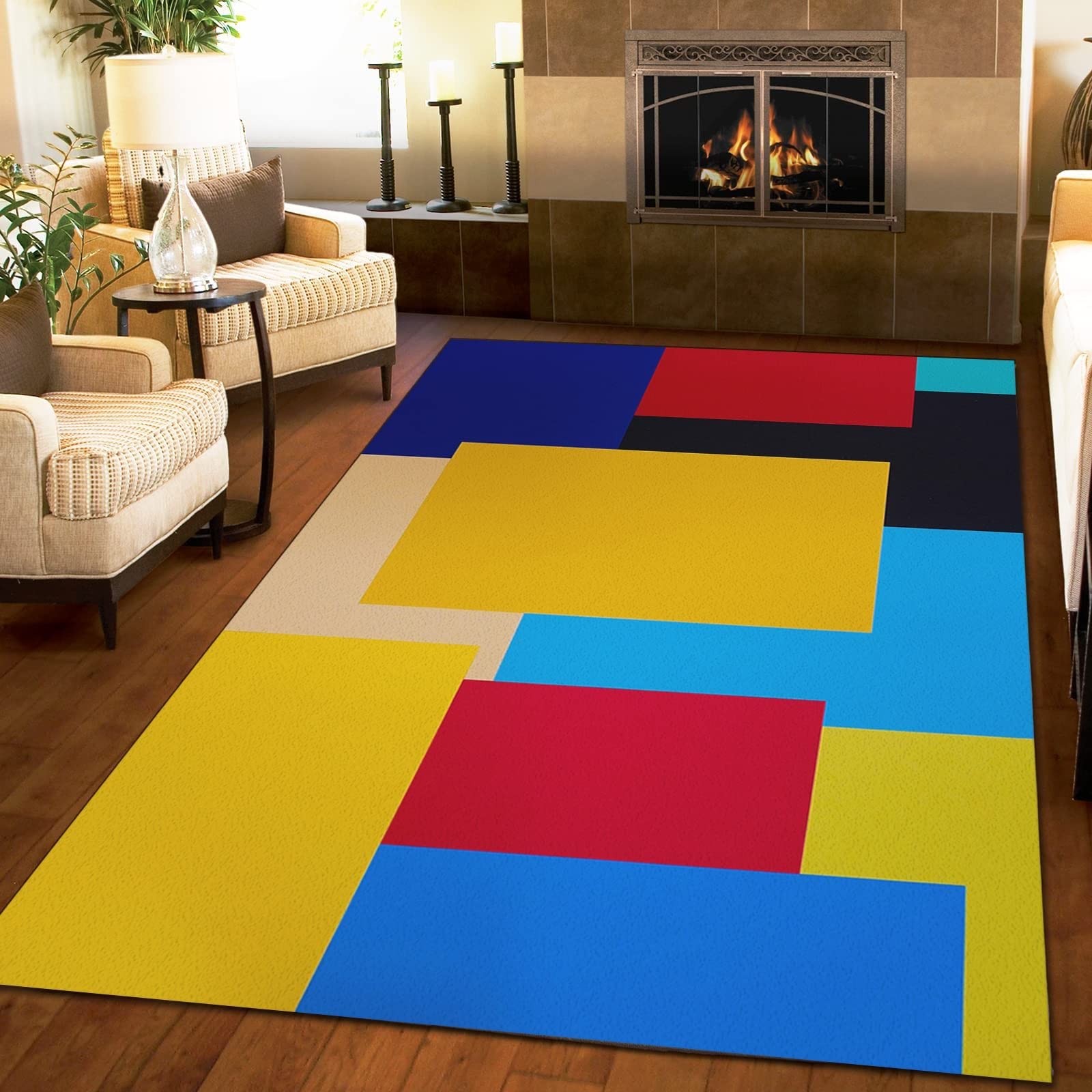 Modern Colorful Geometric Mosaic Area Rug - Soft Washable Puzzle Design with Anti-Slip Backing | Perfect for Living Room, Bedroom, Kitchen, Dining Room & Laundry Room | 6ft x 4ft Home Decor Rug