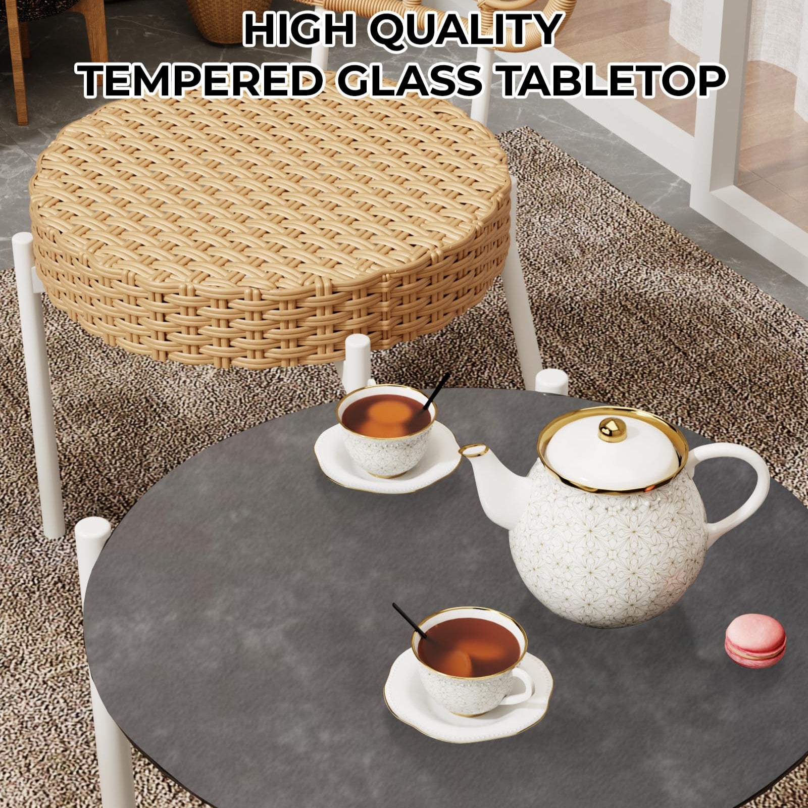 GARVEE 3-Piece Patio Bistro Set - Outdoor Wicker Chairs with Glass Table - Rattan Furniture for Patio, Deck, Backyard, Garden - White & Brown - Perfect for Small Spaces & Outdoor Dining