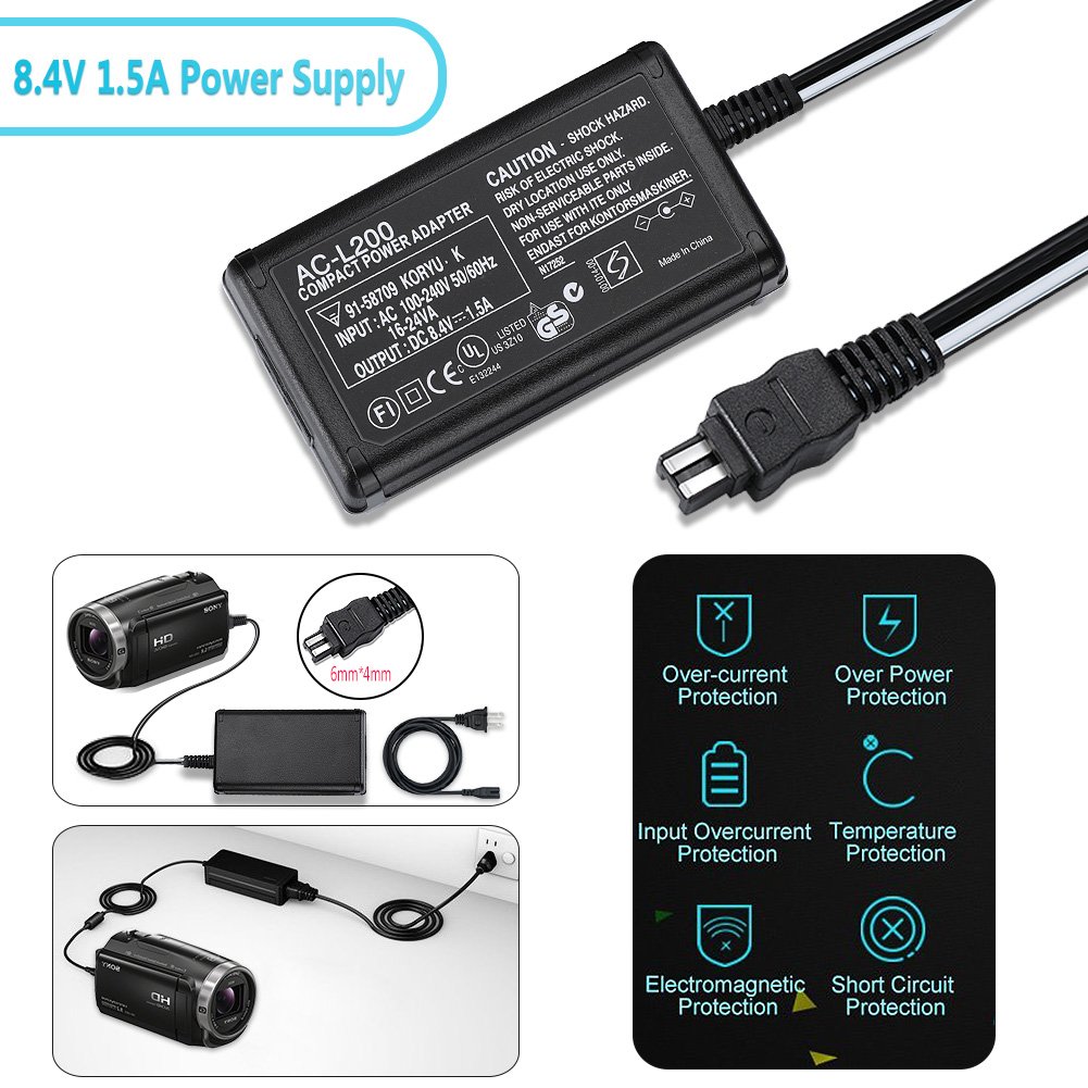 Original AC-L200 Power Adapter Charger for Sony Handycam Camcorder DCR-SX40/SX41/SX44/SX45/SX60/SX63/SX65/SX83/SX85 DCR-CX190 HDR-CX210/CX220 CX330/CX380/CX390 CX625/CX230/CX675 - Perfect for Travel Vlogging & Home Video Recording