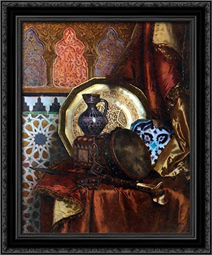 Vintage Moroccan-Inspired Tambourine, Knife & Tile Still Life Canvas Art - 20x24 Black Ornate Wood Frame by Rudolf Ernst - Perfect for Bohemian Home Decor & Living Room Wall Art
