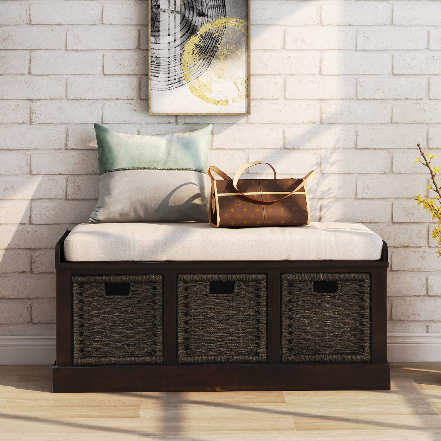 Rustic Wood Storage Bench with Removable Cushion & 3 Rattan Baskets - Entryway Shoe Organizer Ottoman for Hallway, Living Room, Bedroom & Mudroom - Espresso Finish | Perfect for Small Space Organization & Cozy Home Decor