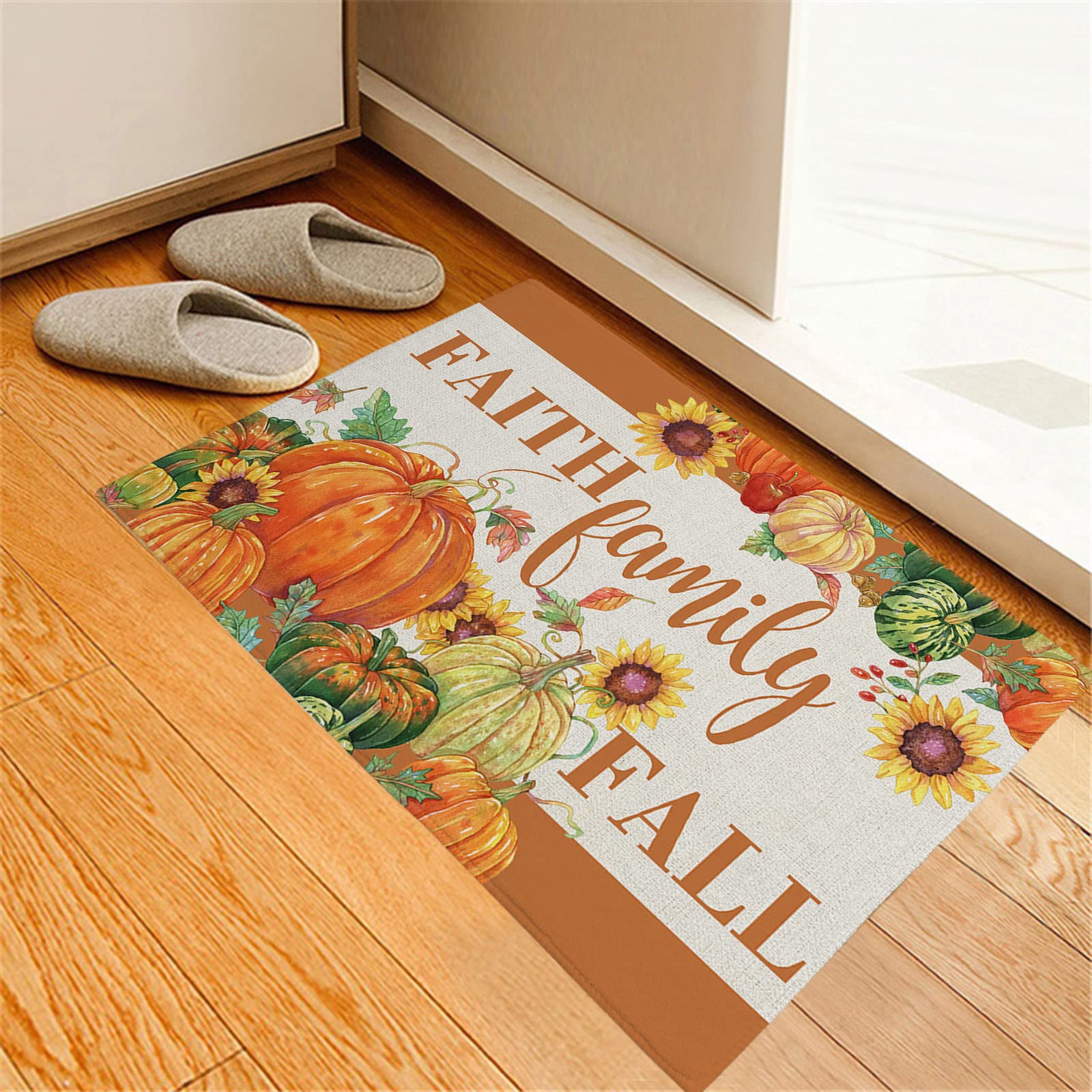 Soft Washable Indoor Door Mat - Autumn Farmhouse Harvest Bathroom & Kitchen Rug, Non-Slip Entryway Carpet Pad with Pumpkin Sunflower Maple Leaf Design - Perfect for Front/Back Door, Porch, Laundry Room & Mudroom Decor