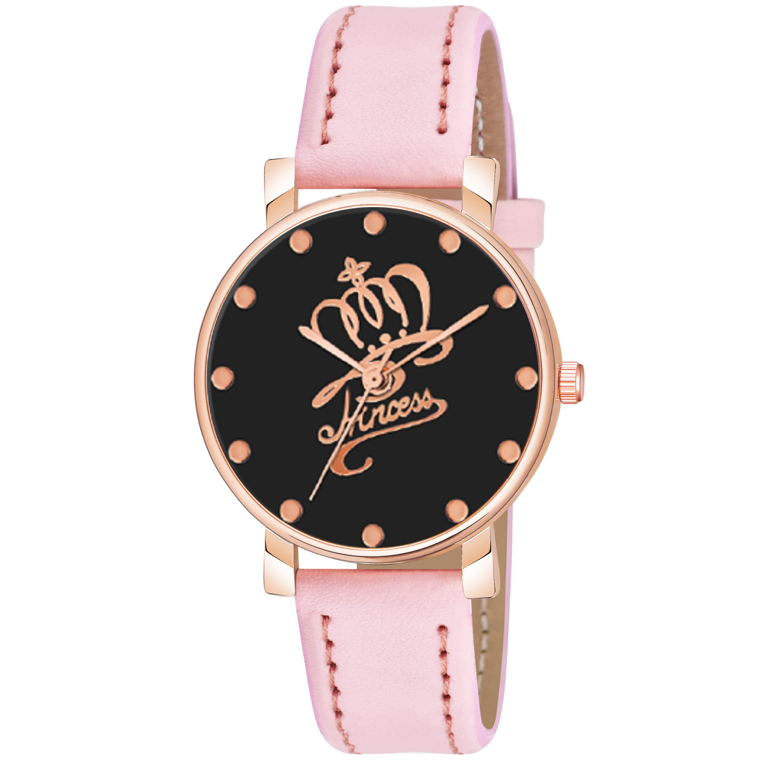KIARVI GALLERY Black Princess Dial Analog Watch for Women & Girls - Leather Strap, Pink Accents - Perfect for Birthday Gifts, Formal Occasions & Everyday Wear