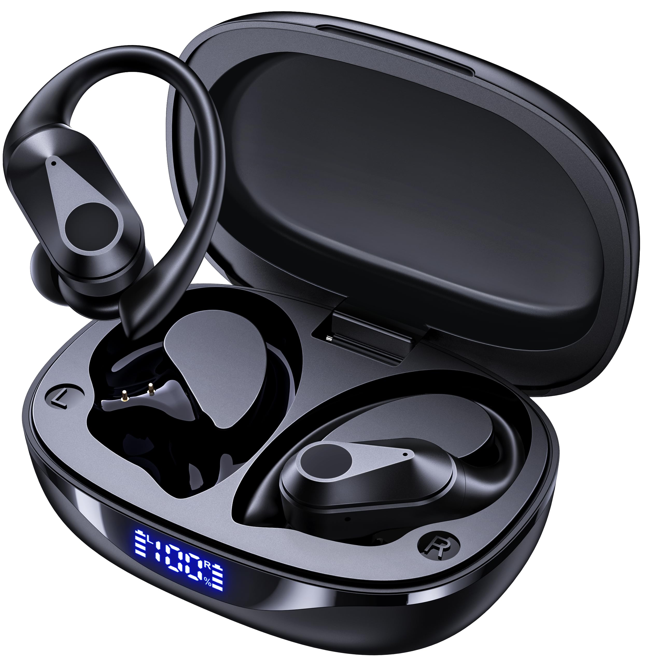 Wireless Bluetooth Earbuds with 90Hrs Playtime, IPX7 Waterproof, Wireless Charging Case & LED Power Display - Stereo Bass Sports Earphones with Over-Ear Earhooks (Black) - Perfect for Running, Gym Workouts & Outdoor Activities