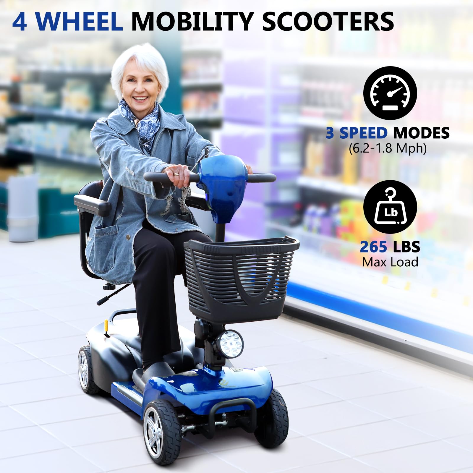 Foldable 4 Wheel Mobility Scooters for Adults & Seniors - 265 lbs Weight Capacity, 14 Miles Range, 5 MPH Speed - Extended Battery with Charger, Basket & LED Light (Blue) - Ideal for Shopping, Travel & Outdoor Activities