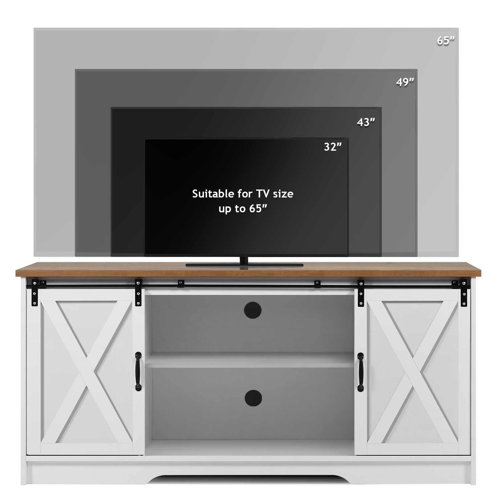 4 EVER WINNER White TV Stand for 65 Inch TV, Farmhouse Style Entertainment Center with Sliding Barn Doors - Holds TVs up to 65+ Inches, Adjustable Shelves for Living Room, Bedroom or Home Theater Setup