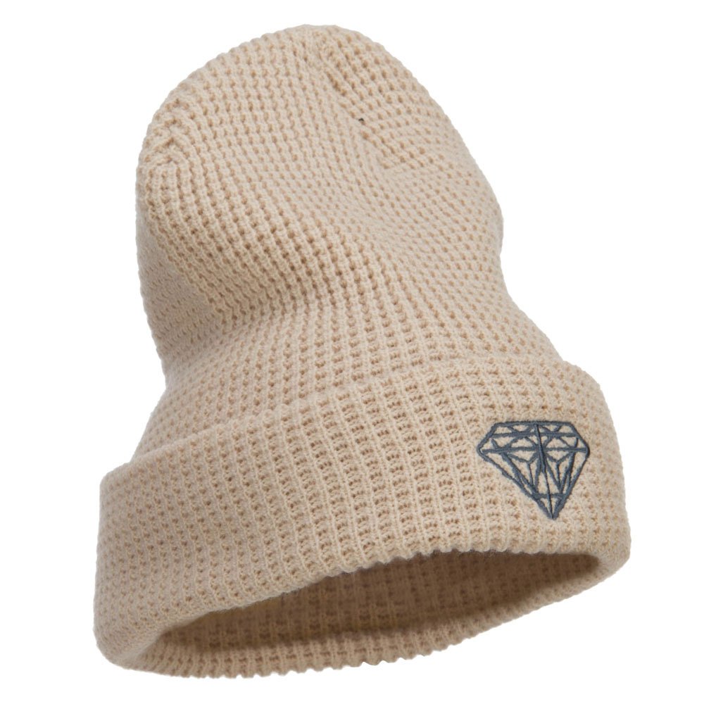 Grey Diamond Embroidered Waffle Cuff Beanie for Men & Women - Extra Large Stretchy Winter Hat for Big Heads - Perfect for Skiing, Snowboarding & Cold Weather Outdoor Activities
