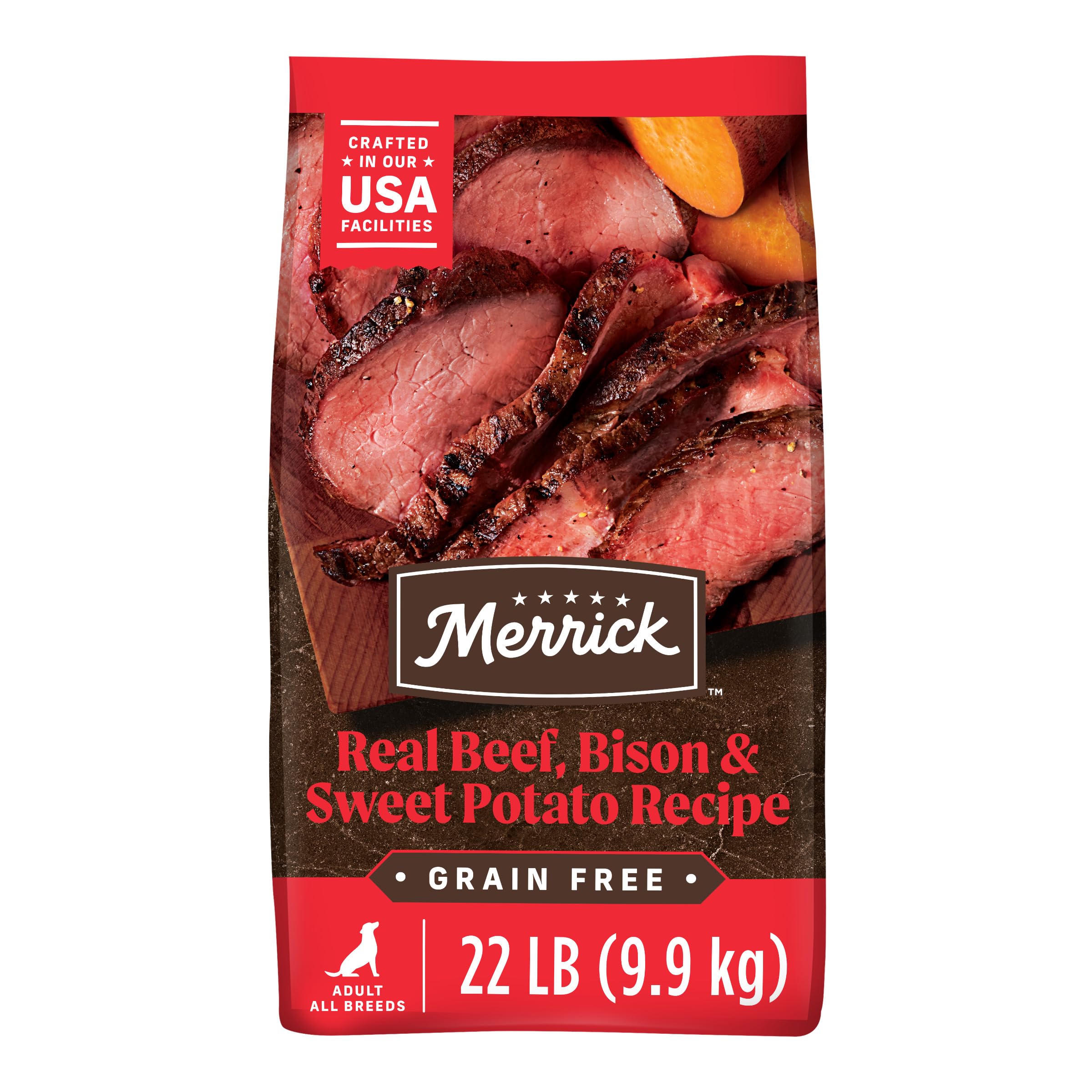 **Merrick Grain Free Dry Dog Food for Adult Dogs - Premium Natural Kibble with Beef, Bison & Sweet Potato - 22 lb Bag - High Protein Diet for Active & Healthy Pets**    *(Use Cases: Ideal for active dogs, weight management, sensitive stomachs, and promoting healthy skin & coat.)*