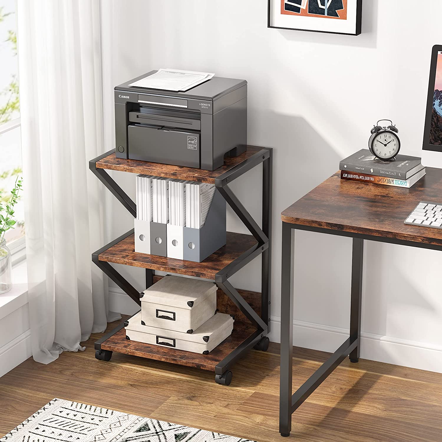 3 Tier Rolling Printer Stand Cart with Wheels - Under Desk Storage Shelf Organizer for Home Office, Classroom, or Studio Workspace