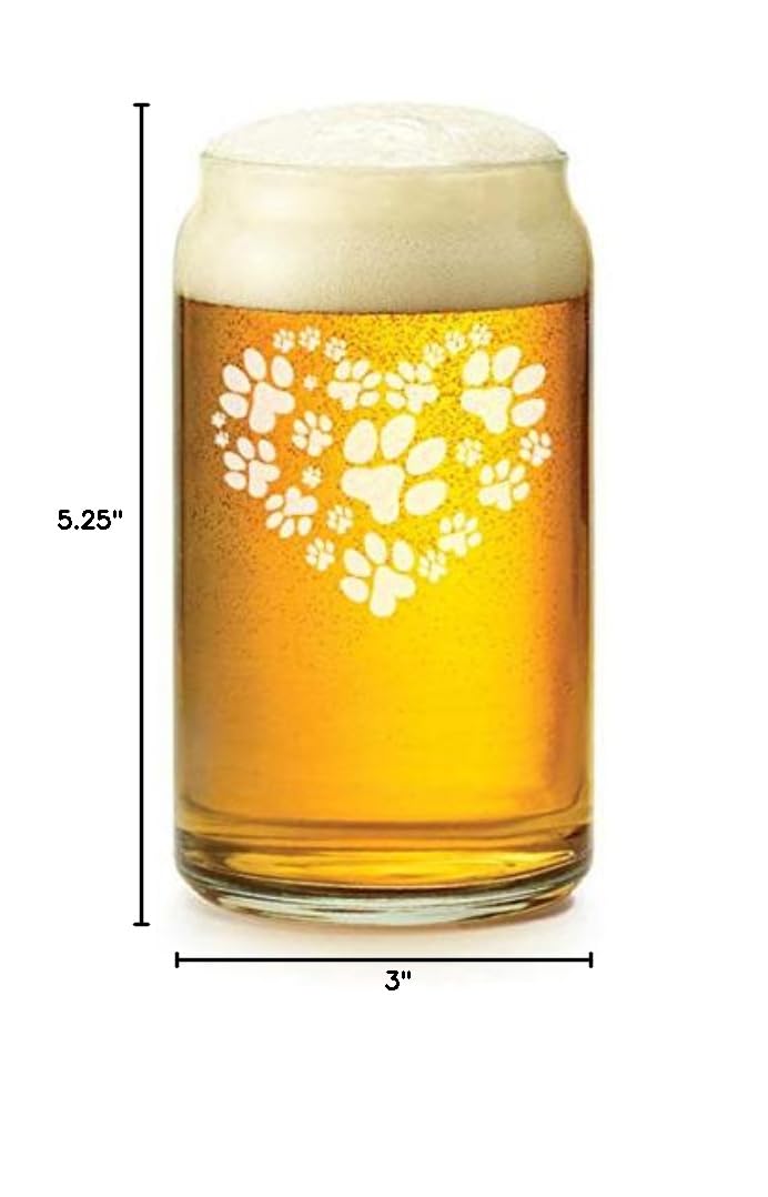 16 oz Beer Can Glass with Heart Paw Prints - Perfect for Pet Lovers, Beer Enthusiasts & Home Bar Decor - Ideal for Parties, Gifts & Everyday Use