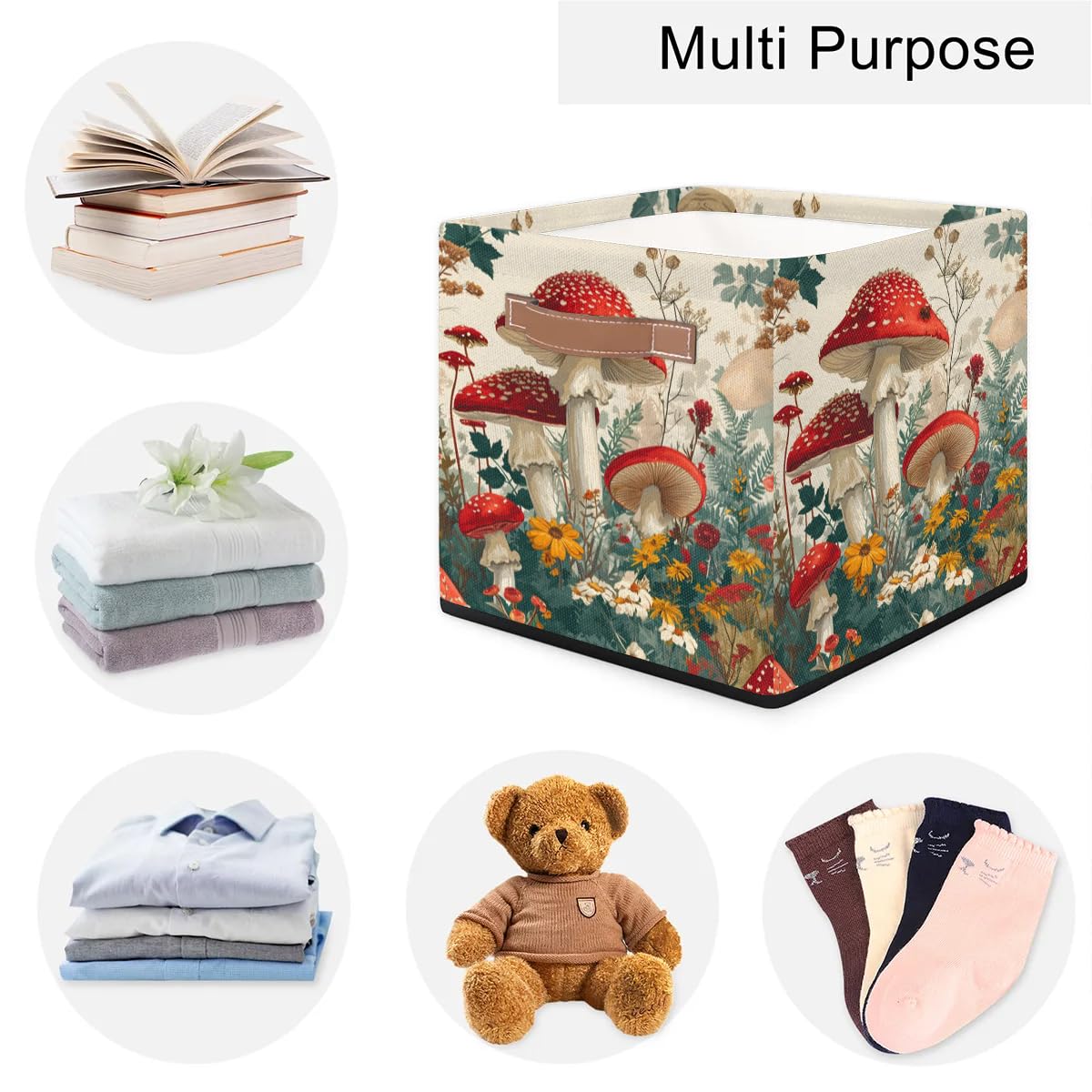 13 Inch Collapsible Mushroom Flower Storage Basket with Leather Handle - Foldable Organizer Bin for Closet, Shelves & Home Decor | Perfect for Bedroom, Bathroom & Laundry Room Organization