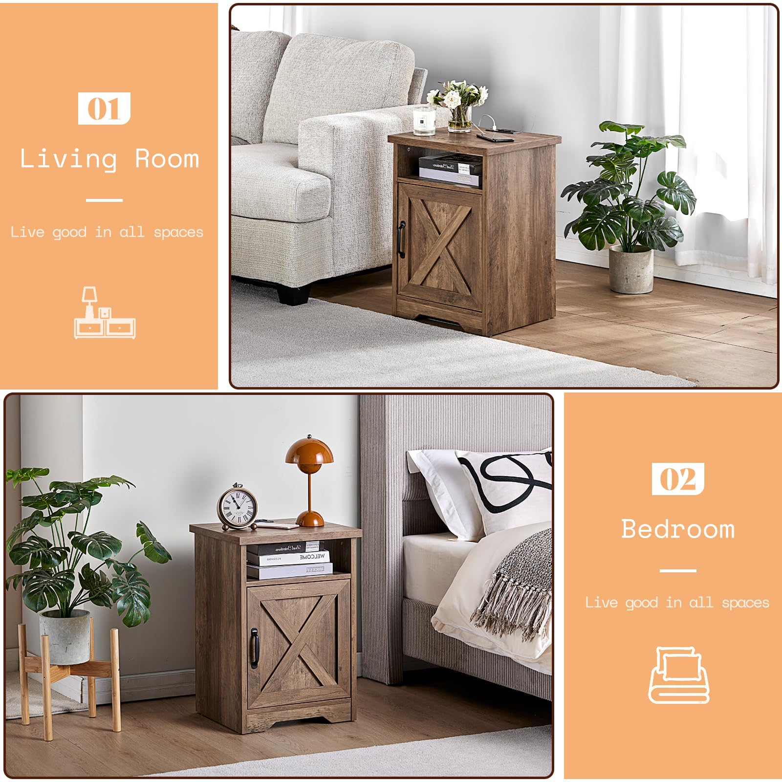 Farmhouse Coffee Table Set with 2 End Tables & USB Charging Station - Rustic Barnwood Living Room Furniture for Home Decor & Entertainment Areas