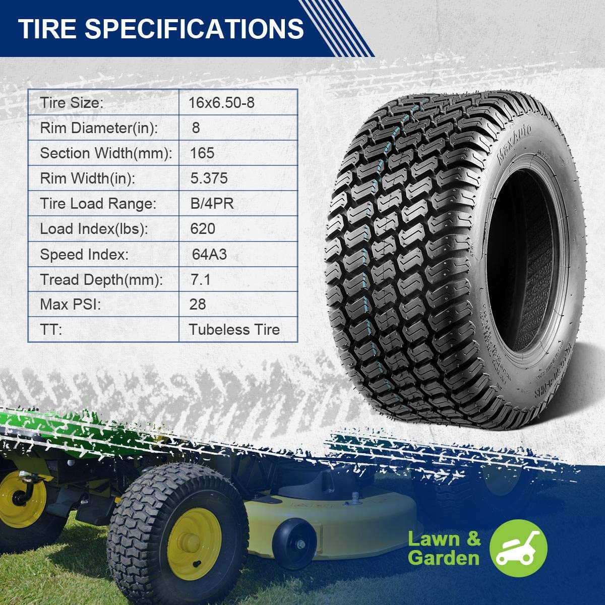 MaxAuto 16x6.50-8 & 23x9.50-12 Lawn Mower Tires - 4PR Tubeless Tractor Golf Cart Turf Tires Set of 4 - Perfect for Riding Mowers, Tractors, and Golf Carts on Grass & Turf Surfaces